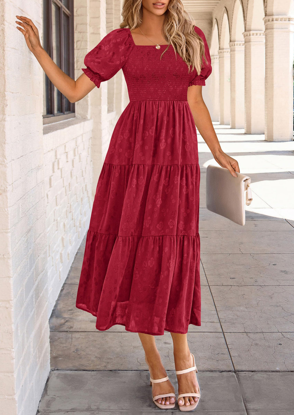 PRETTYGARDEN Women's Summer Casual Midi Dresses Square Neck Short Sleeve Smocked A Line Floral Flowy Elegant Boho Dress