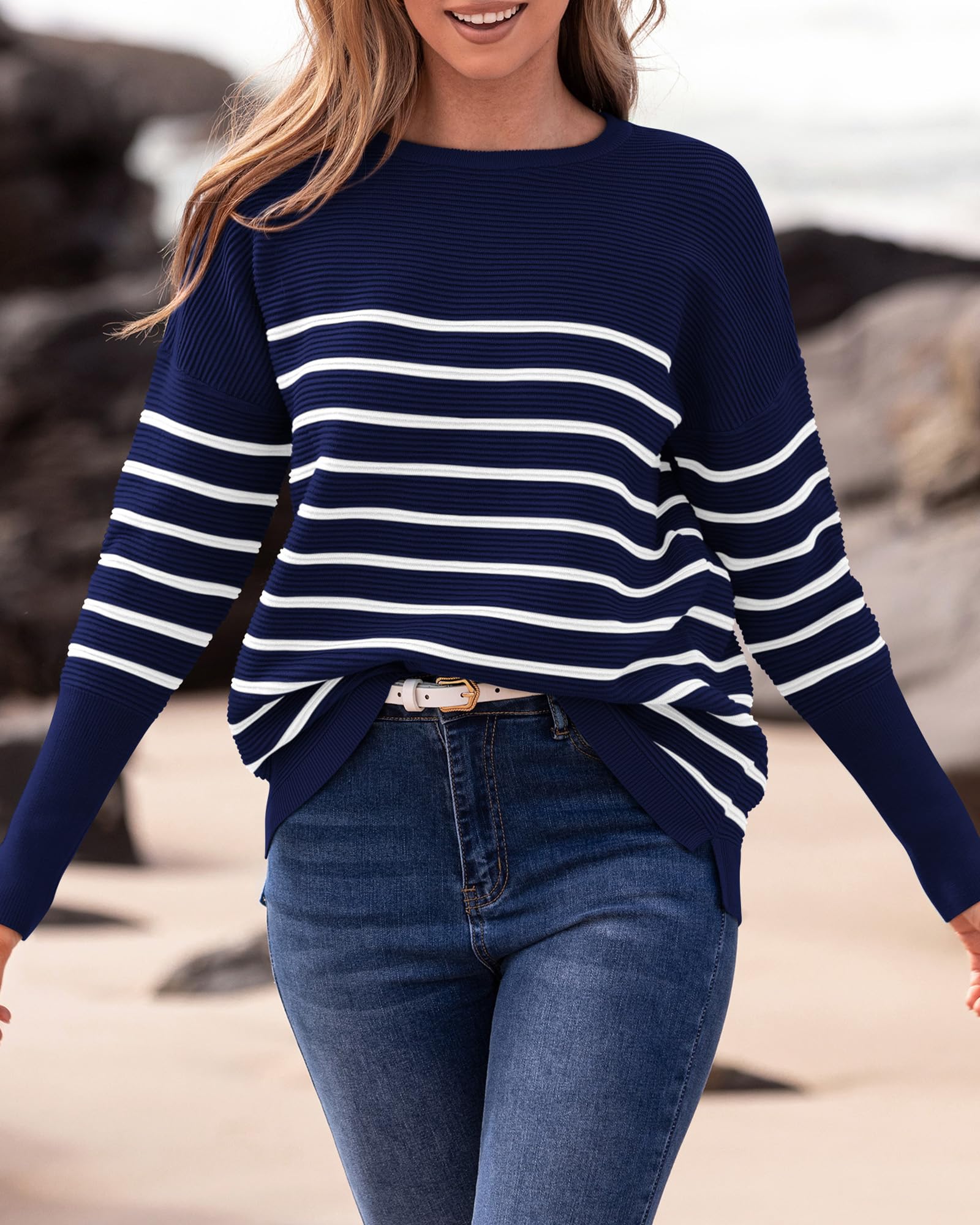 FreshPrettyFall Sweaters for Women Casual Long Sleeve Sweater Striped Loose Fit Pullover Tops