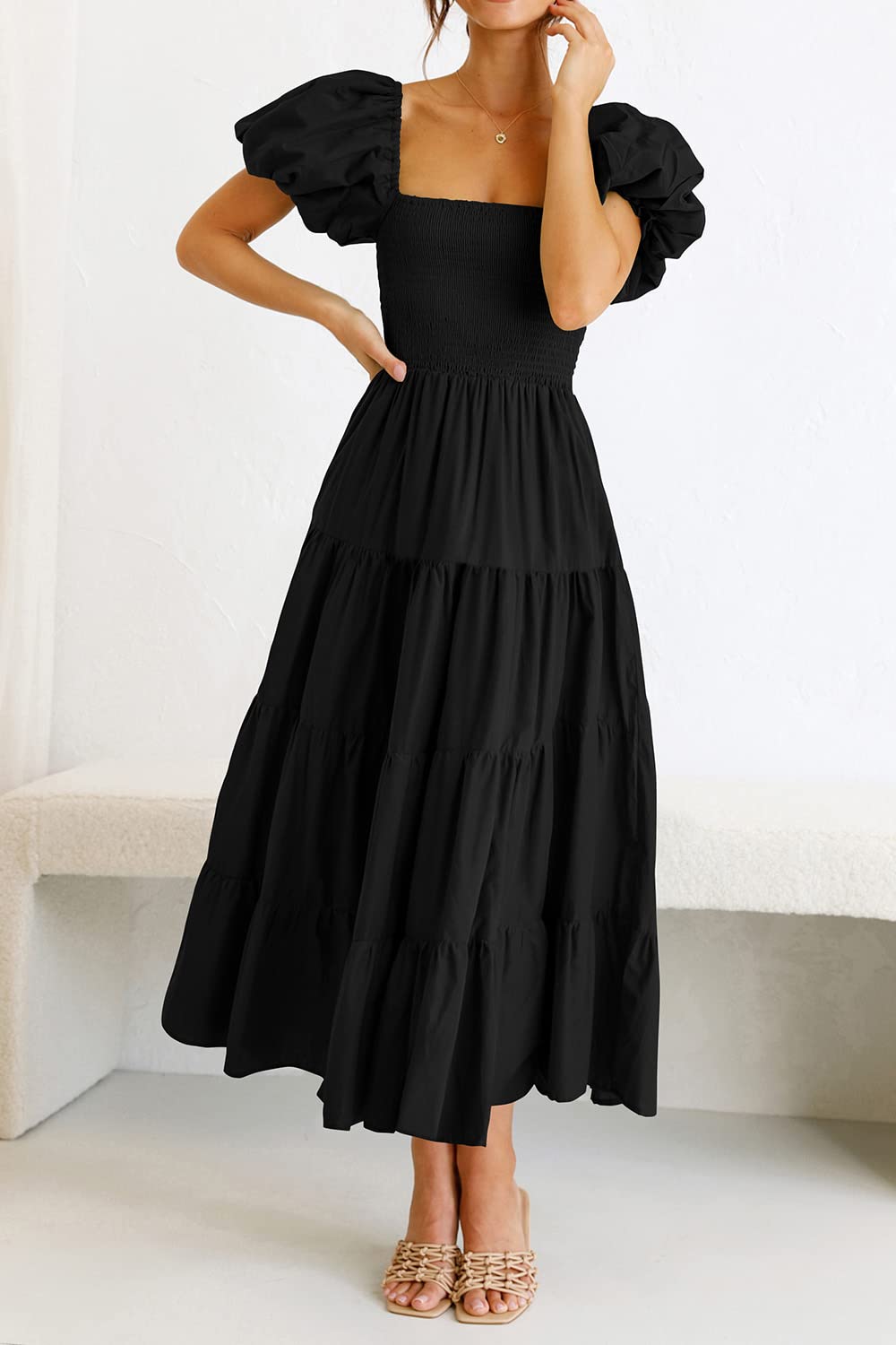 PRETTYGARDEN Women's Casual Summer Midi Dress Puffy Short Sleeve Square Neck Smocked Tiered Ruffle Dresses