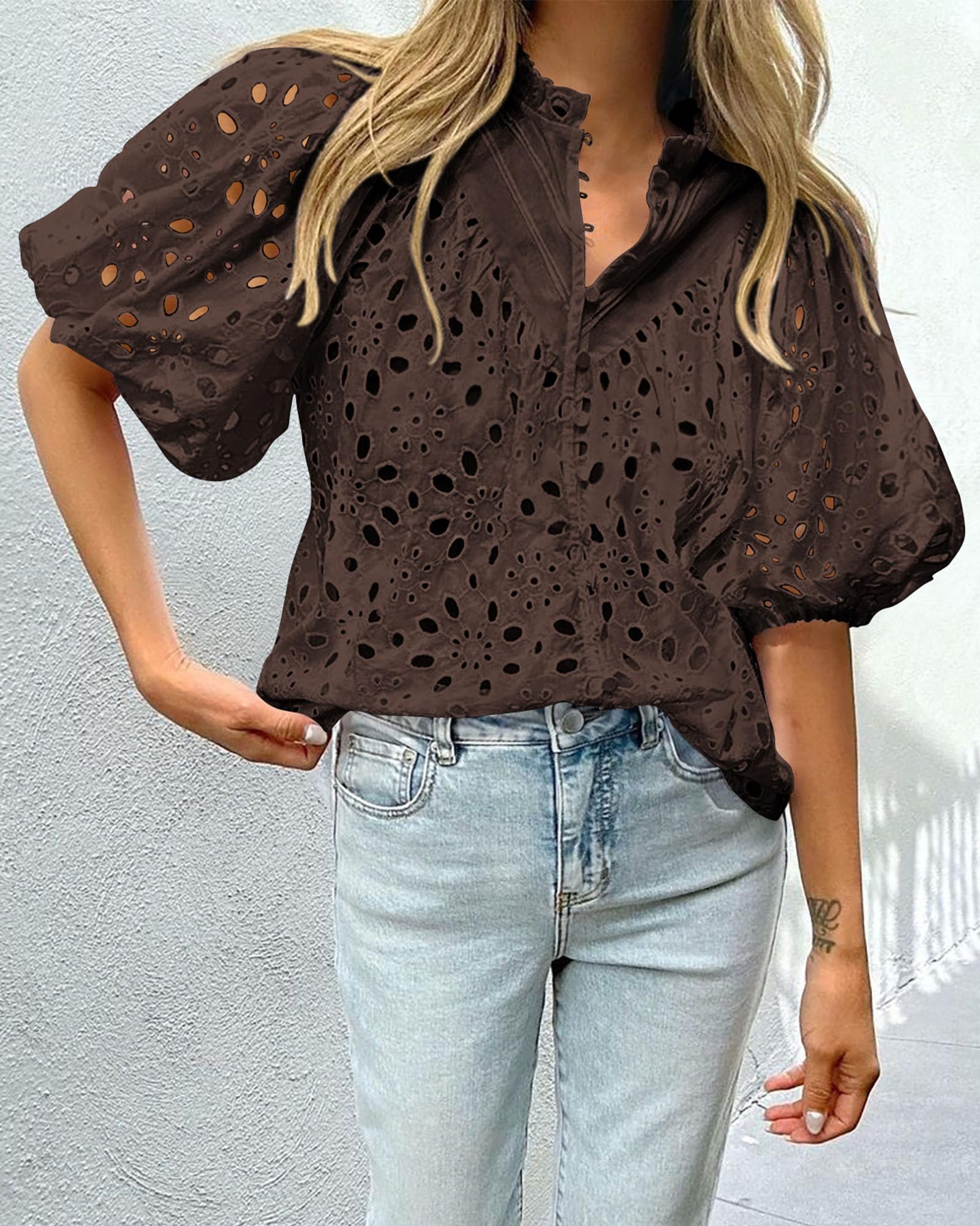 PRETTYGARDEN Women's Summer Tops Dressy Casual Short Sleeve V Neck Buttons Hollow Out Lace Embroidered Blouses Shirts