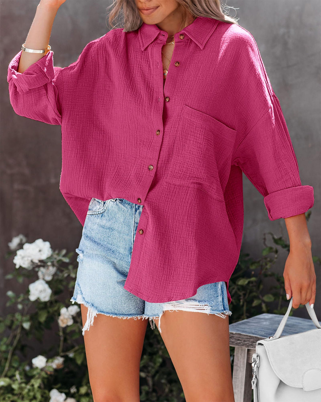 FreshPretty Casual Shirts for Women Long Sleeve Button Down Blouses Fall Solid Color Trendy Tops with Pocket