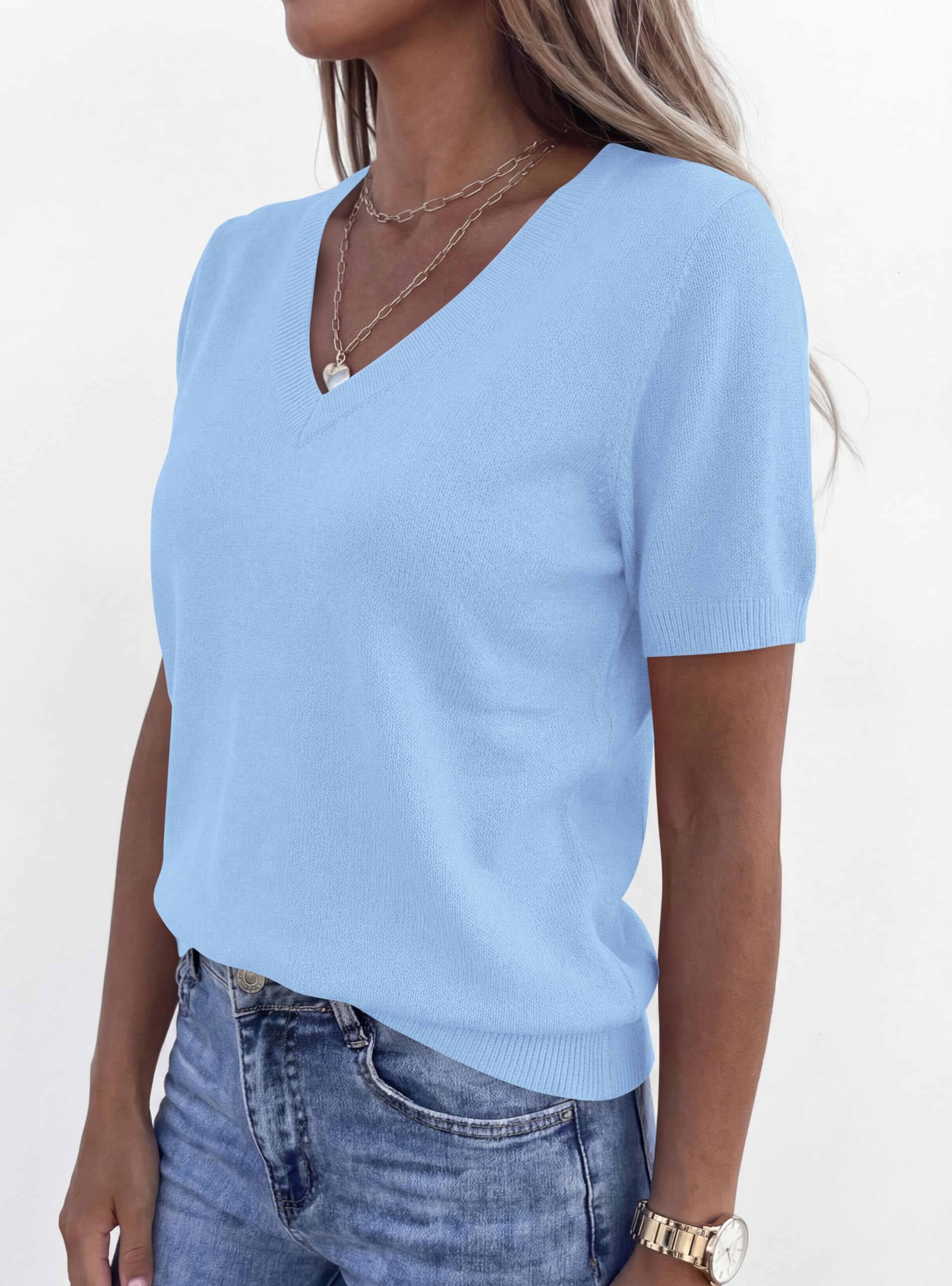 PRETTYGARDEN Womens Short Sleeve Sweater V Neck Trendy Pullover Tops Summer Spring Loose Lightweight Casual Blouse