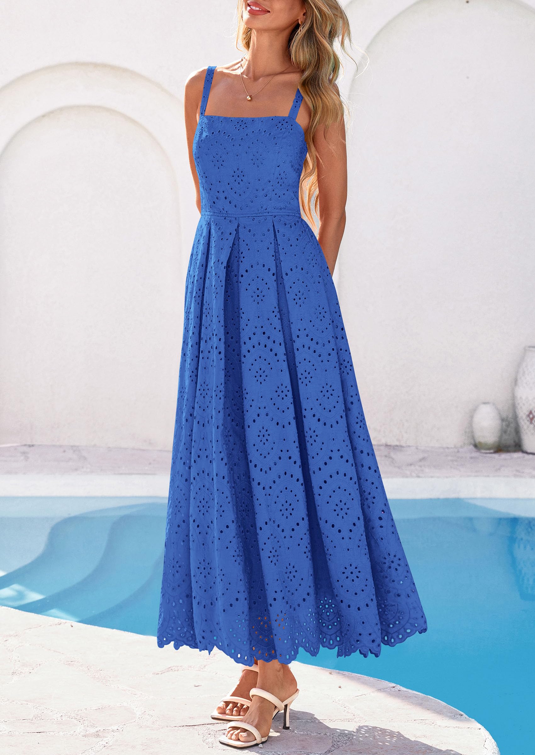 PRETTYGARDEN Womens Sleeveless Maxi Summer Dresses Hollow Out Eyelet Square Neck Ruffle Flowy Beach Vacation Sundress