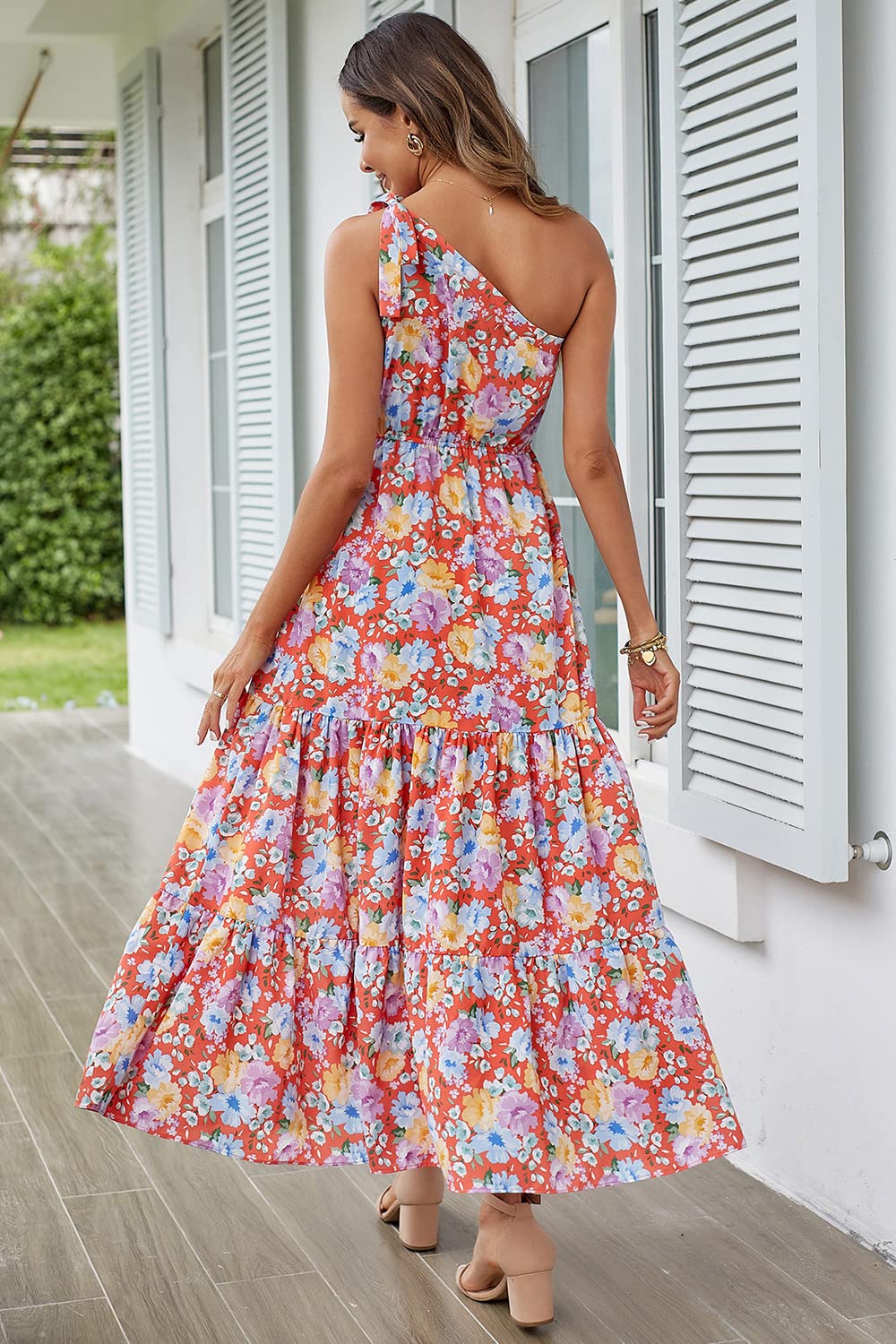 PRETTYGARDEN Women's Summer Floral One Shoulder Maxi Dress Knot Ruffle Boho Beach Vacation Wedding Guest Long Sun Dresses