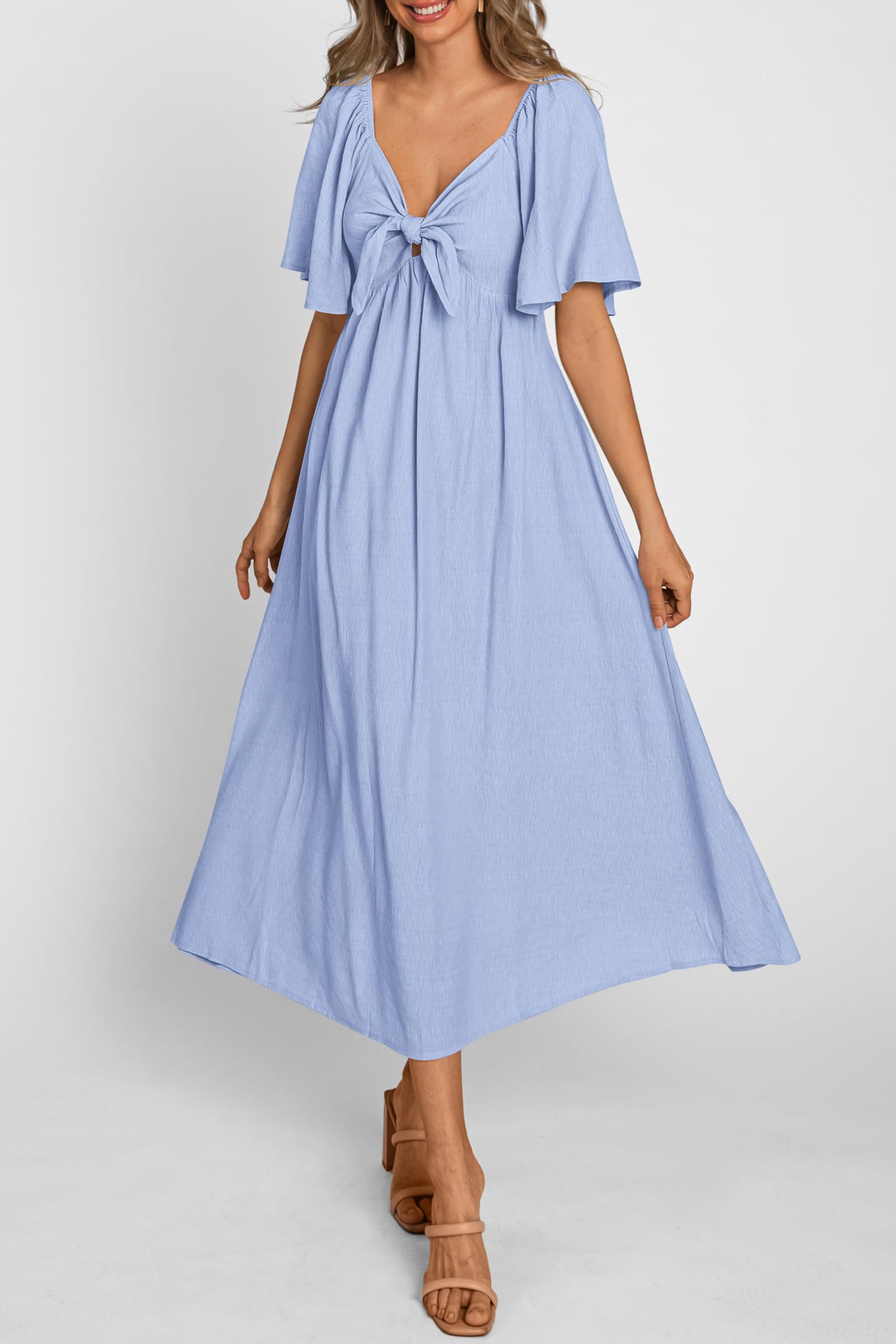 PRETTYGARDEN Summer Dress for Women Casual Short Sleeve Bow Tie V Neck Ruffle Midi Flowy Dresses