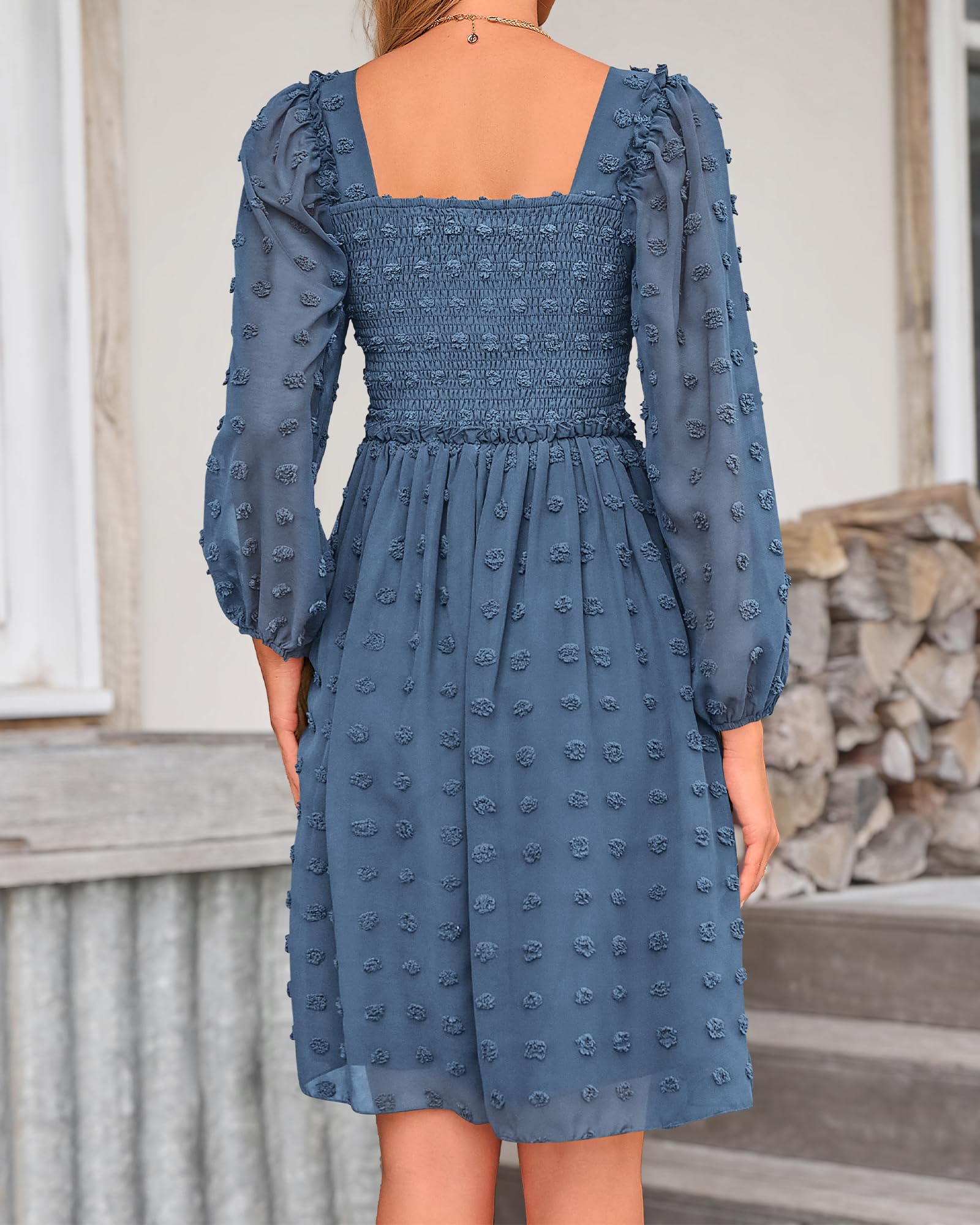 BTFBM Womens Long Sleeve Dress Summer Vacation Square Neck Smocked Floral Mini Boho Spring Wedding Guest Dresses