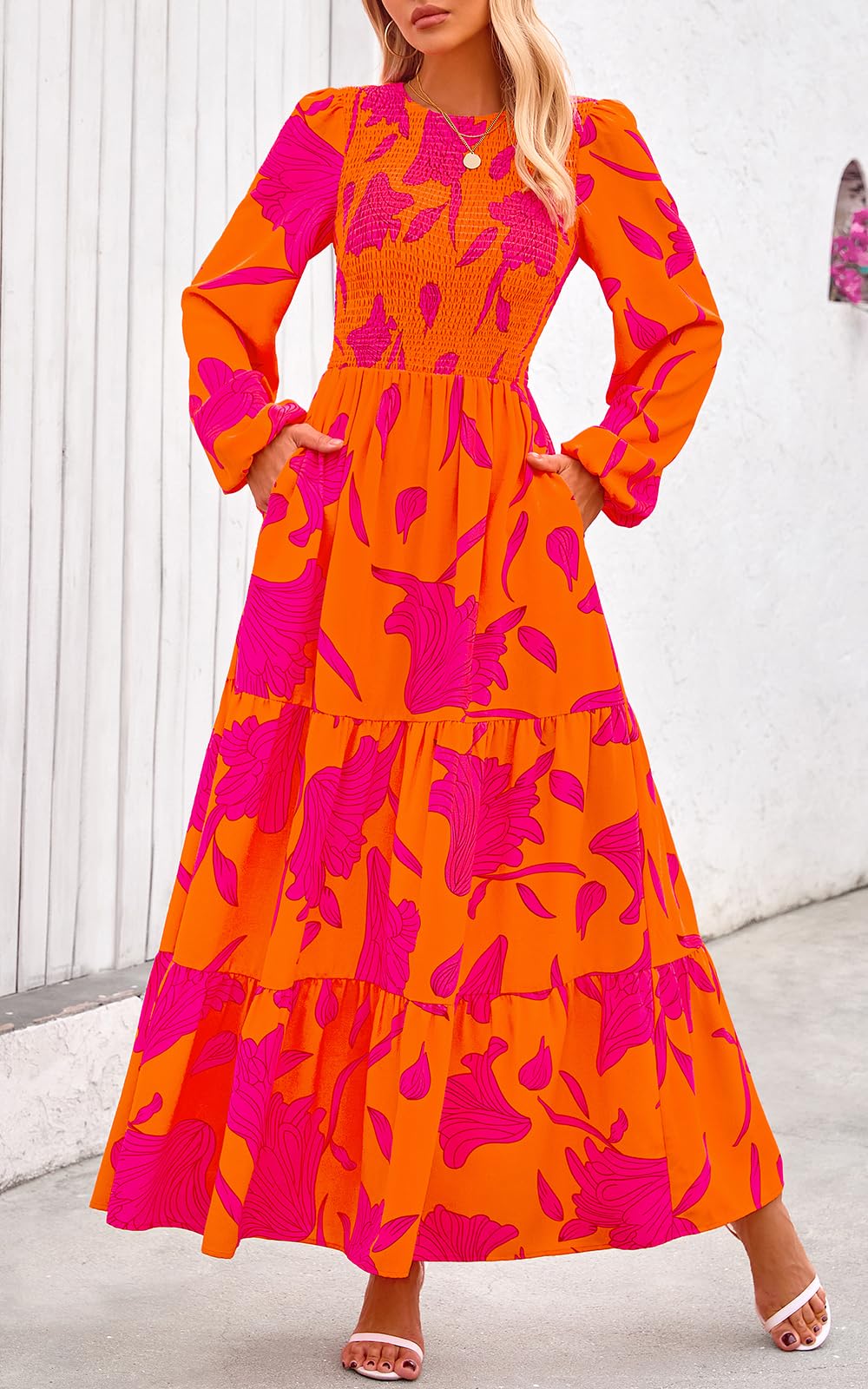 PRETTYGARDEN Women's Fall Dresses Long Sleeve Flowy Casual Floral Maxi Dress Crew Neck Smocked Tiered Long Dress