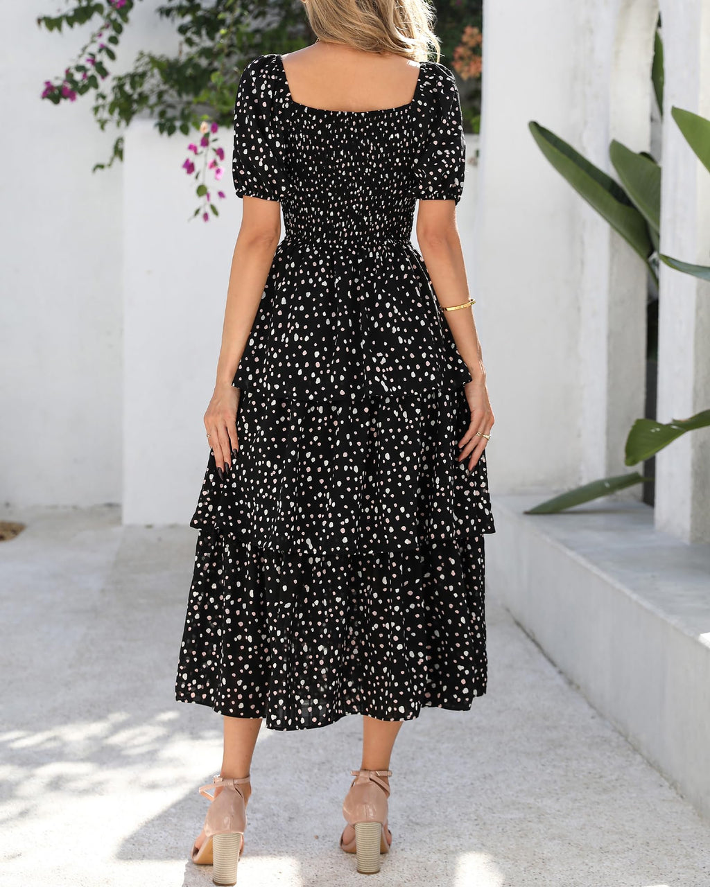 BTFBM Womens Square Neck Smocked Dress Summer Puff Short Sleeve Floral Casual Ruffle Tiered Maxi Wedding Guest Dresses