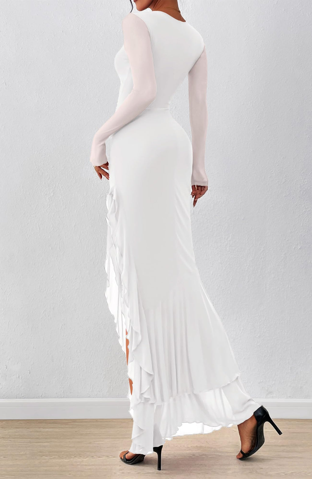 BTFBM Women's Maxi Dresses Fall Long Sleeve Wedding Guest Dress Mesh,Ruched,Bodycon,High Split,Solid Color,Ruffle, Mermaid,Cocktail Dresses,Prom,Party,Homecoming Dress,Fall Outfits