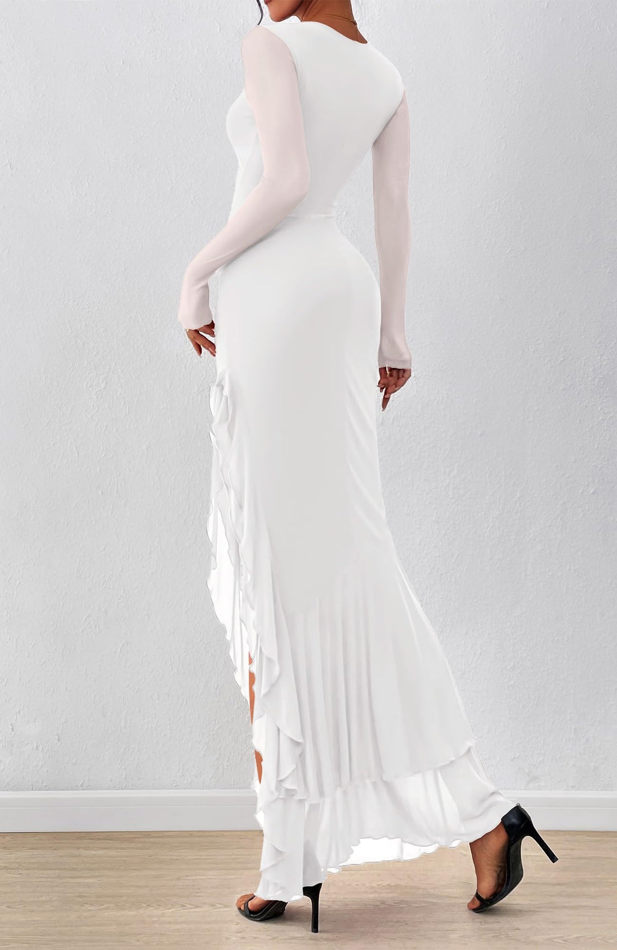 BTFBM Women's Maxi Dresses Fall Long Sleeve Wedding Guest Dress Mesh,Ruched,Bodycon,High Split,Solid Color,Ruffle, Mermaid,Cocktail Dresses,Prom,Party,Homecoming Dress,Fall Outfits