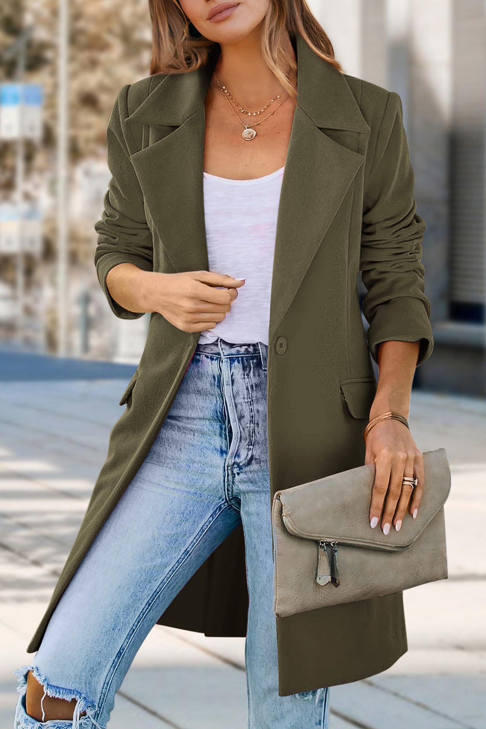 PRETTYGARDEN Women's Spring Fall Long Blazer Jackets Long Sleeve Lapel Pockets Loose Fit Work Casual Blazers Outerwear