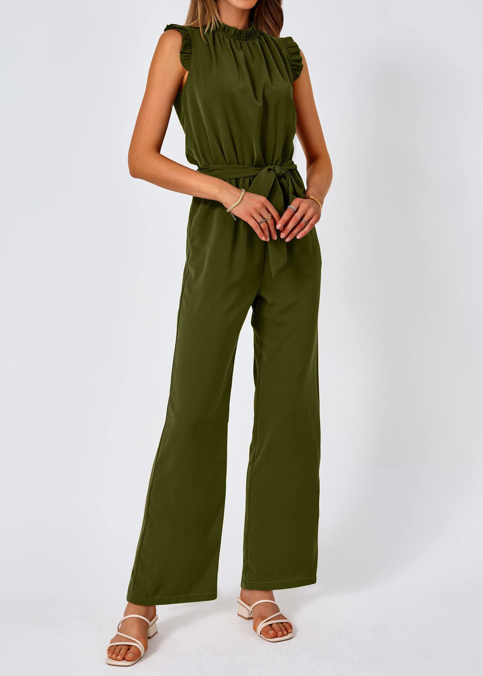 FreshPretty Jumpsuits For Women Dressy Summer One Piece Sleeveless Ruffle Mock Neck Belt Pockets Formal Wide Leg Pants Romper