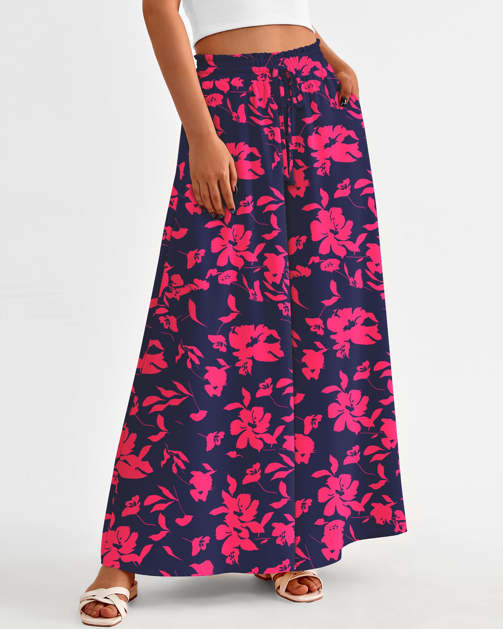 BTFBM Women Casual High Waist Wide Leg Pants Spring Summer Long Palazzo Pants Pocket Lounge Beach Vacation Clothes