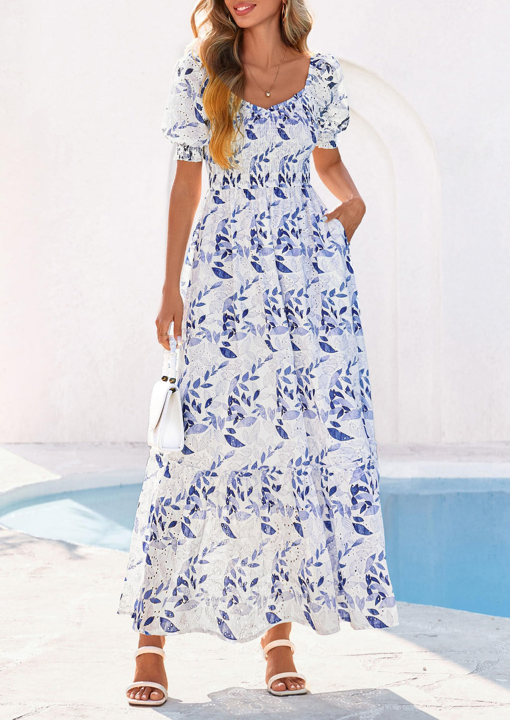 PRETTYGARDEN Women's Floral Boho Maxi Dresses Flowy Short Sleeve A Line Smocked Eyelet Summer Beach Vacation Clothes