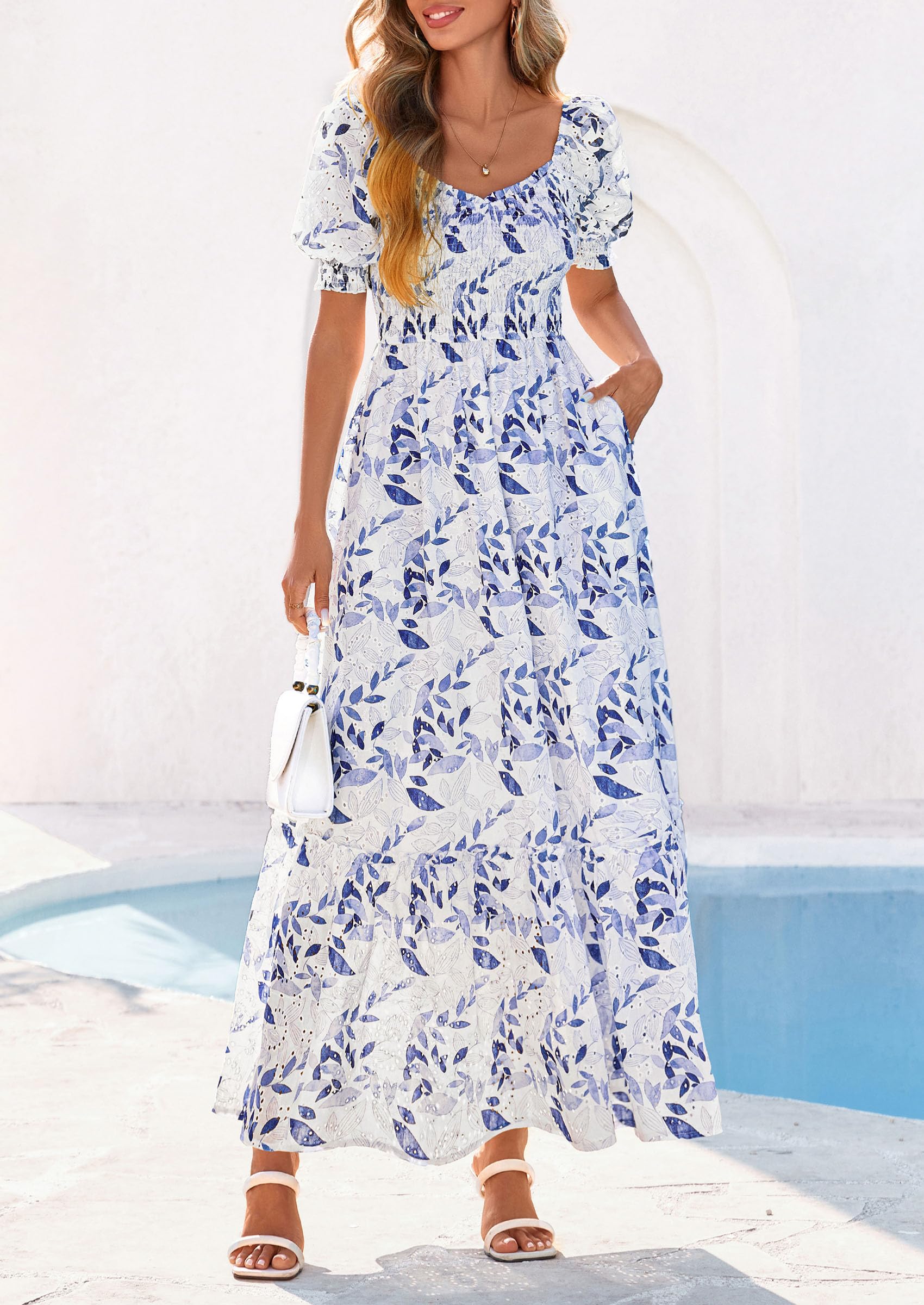 PRETTYGARDEN Women's Floral Boho Maxi Dresses Flowy Short Sleeve A Line Smocked Eyelet Summer Beach Vacation Clothes