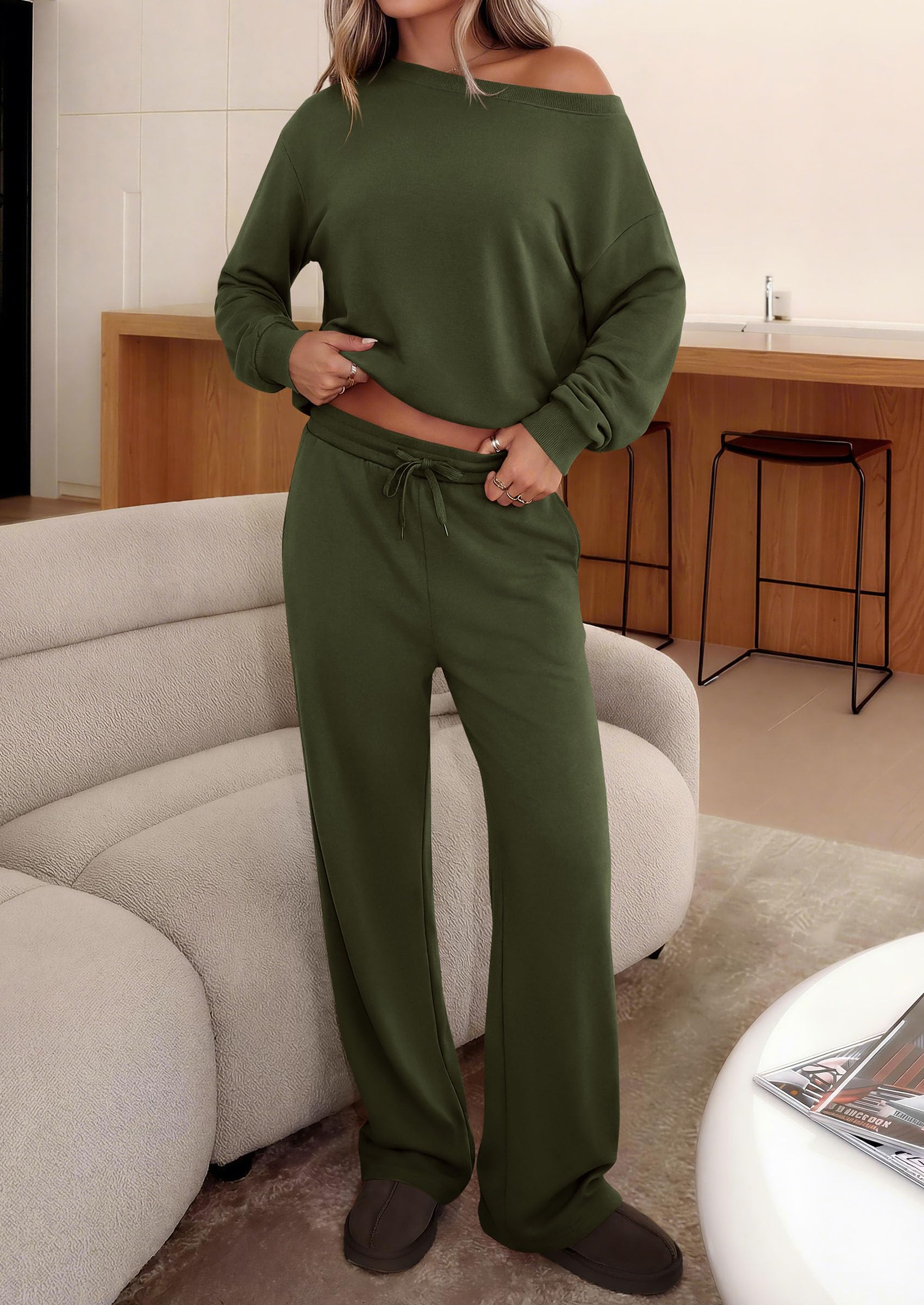 PRETTYGARDEN Womens 2 Piece Casual Matching Lounge Sets Fashion Off the Shoulder Sweatshirt, Wide Leg Pants with Pockets, Comfy Airport Travel Outfit,Trendy Fall Set