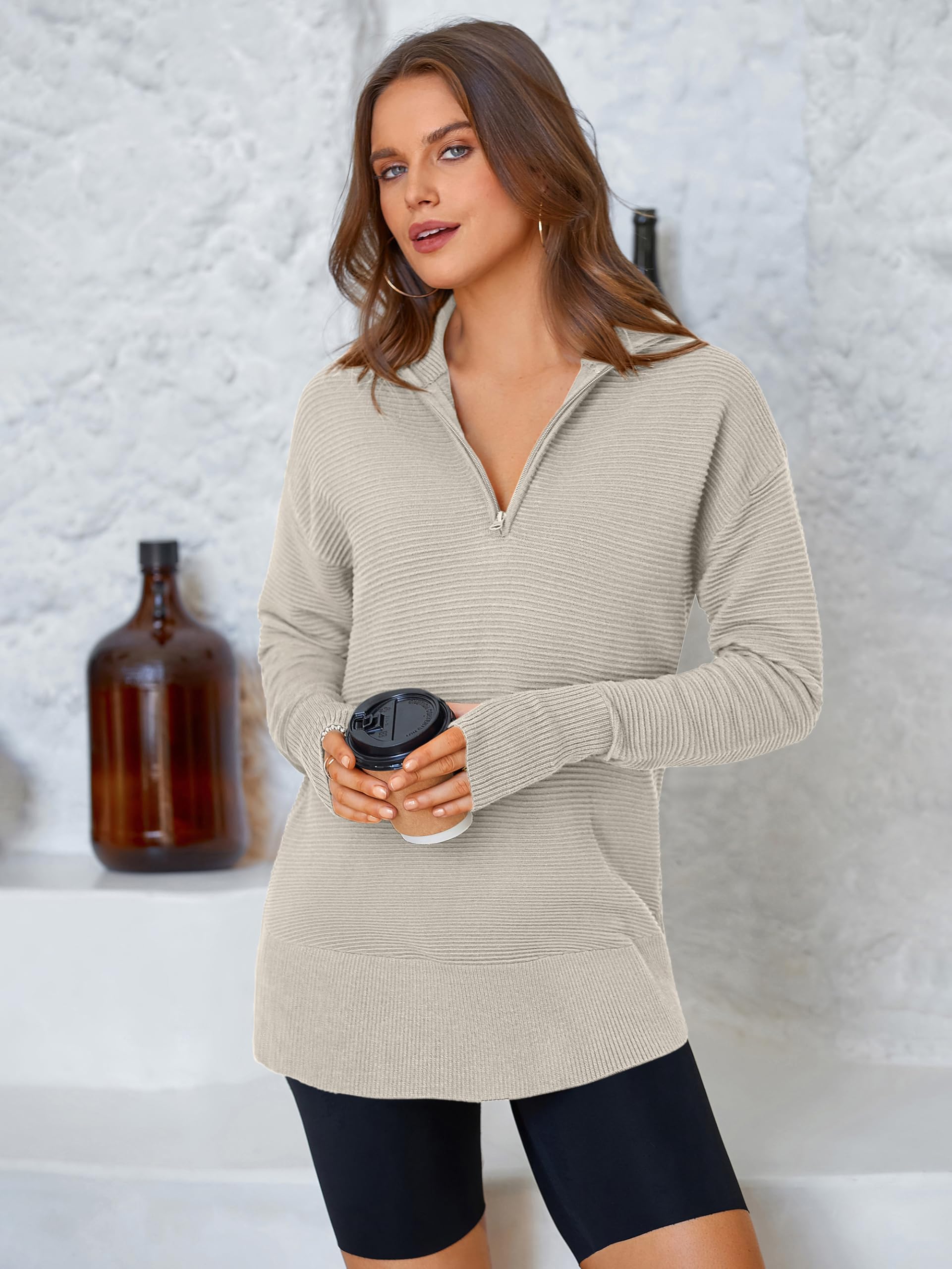 PRETTYGARDEN Womens Long Sleeve Quarter Zip Pullover Sweater Casual Loose V Neck Collared Ribbed Knit Jumper Tops Thumb Hole