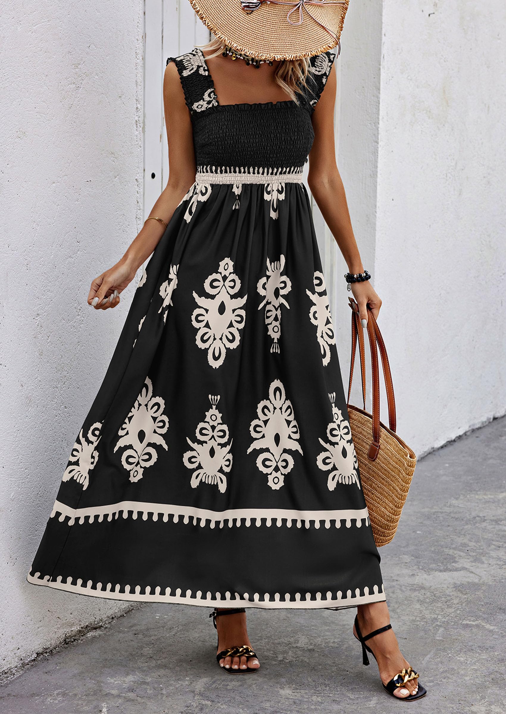 PRETTYGARDEN Womens Summer Boho Maxi Dress Casual Sleeveless Square Neck Floral Aline Smocked Beach Dresses with Pockets