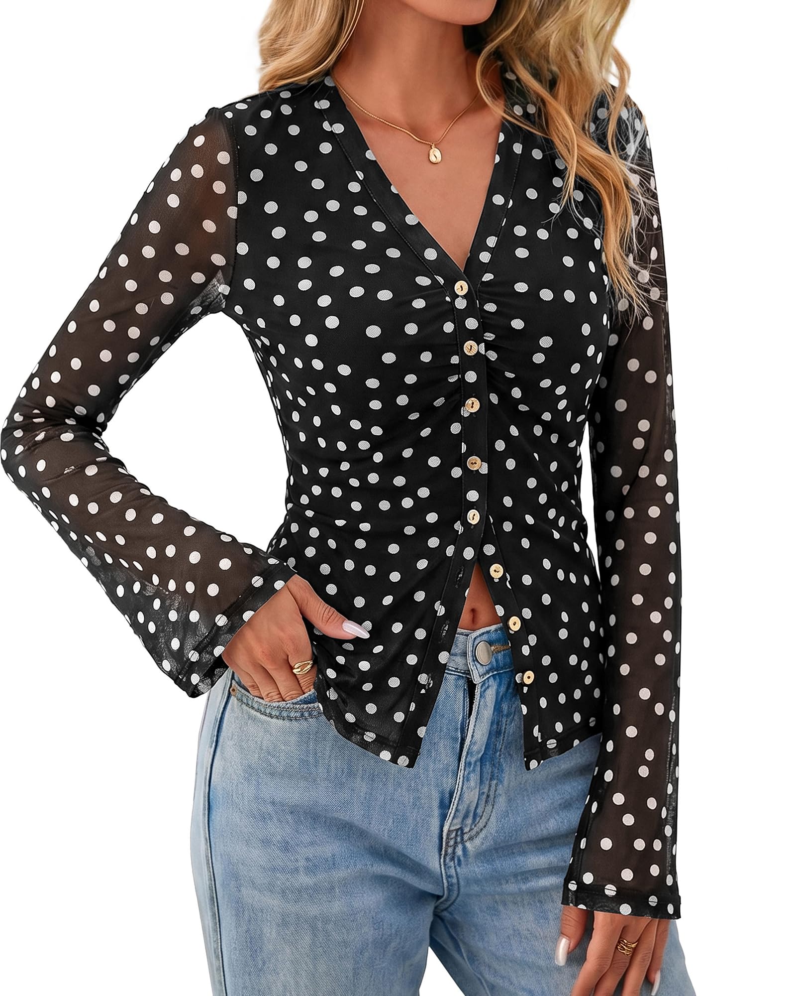 BTFBM Button Down Shirts for Women Spring Boho Tops V Neck Long Sleeve Blouses Ruched Mesh Fitted Fall Fashion