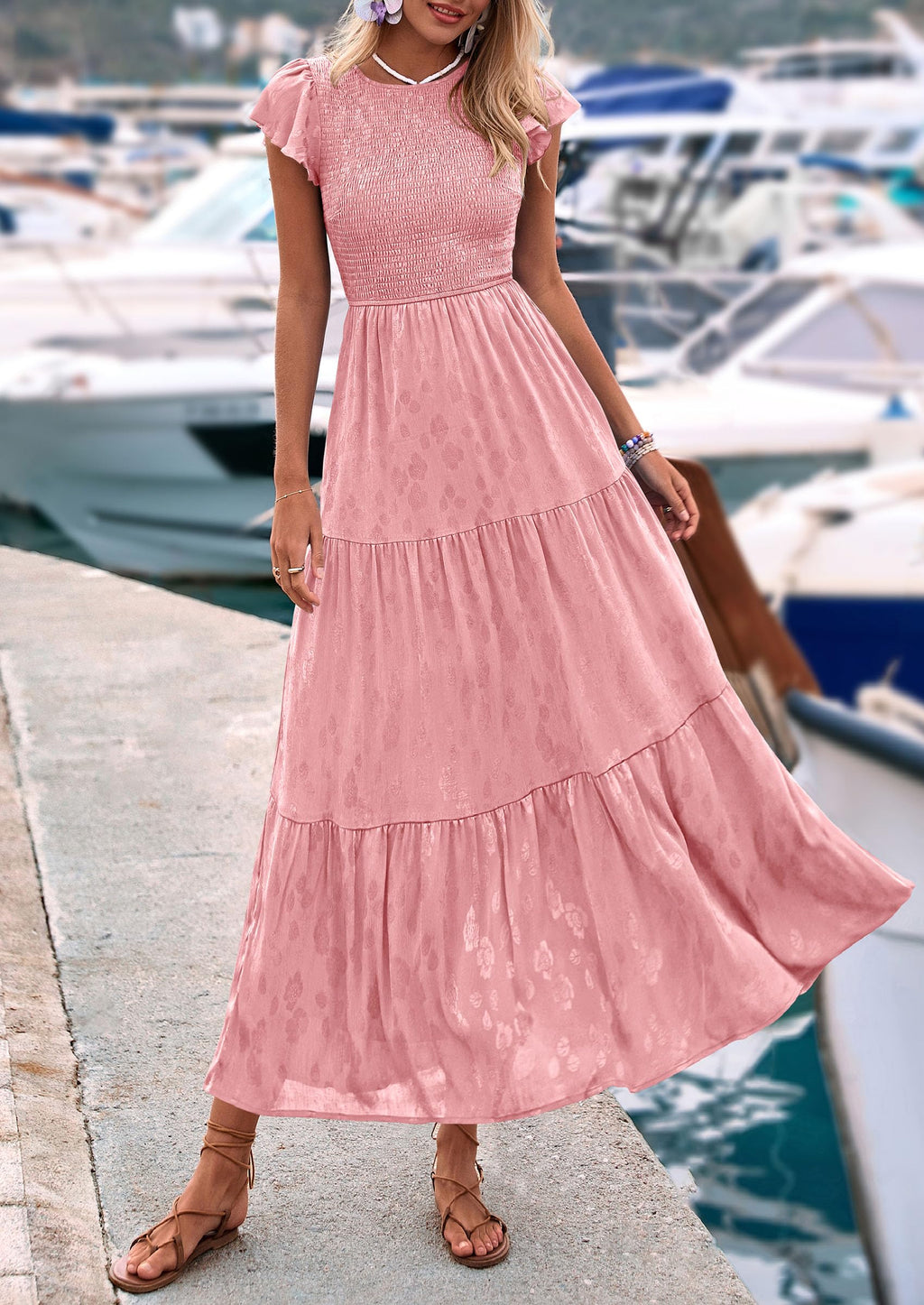 PRETTYGARDEN Wedding Guest Dresses for Women Summer Floral Cap Sleeve Smocked A Line Long Elegant Party Boho Dress