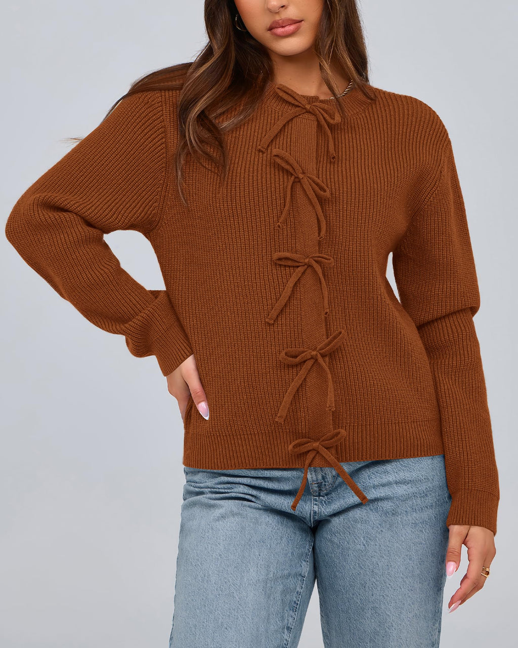 BTFBM Bow Cropped Cardigan Sweaters for Women Fall Winter Open Front Sweater Long Sleeve Button Fashion Spring Clothes