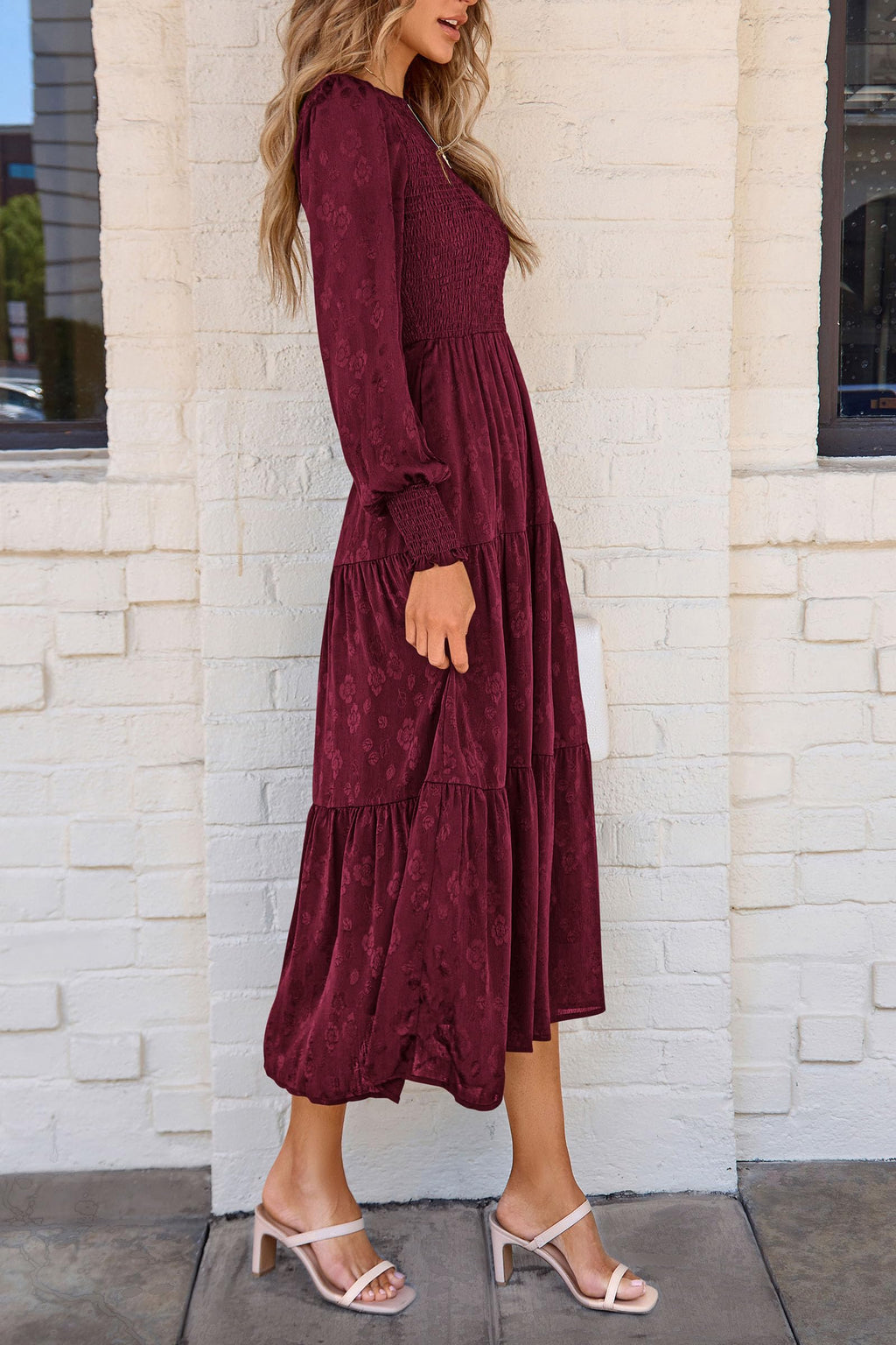 PRETTYGARDEN Women's Fall Spring Midi Dress Long Sleeve Floral Smocked Elegant Wedding Guest Long Flowy Dresses with Pockets