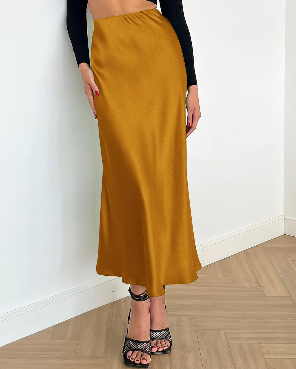 BTFBM Summer Womens Skirts Silk Elegant High Waist Flowy Long Satin A-Line Midi Skirt Cocktail Wedding Party