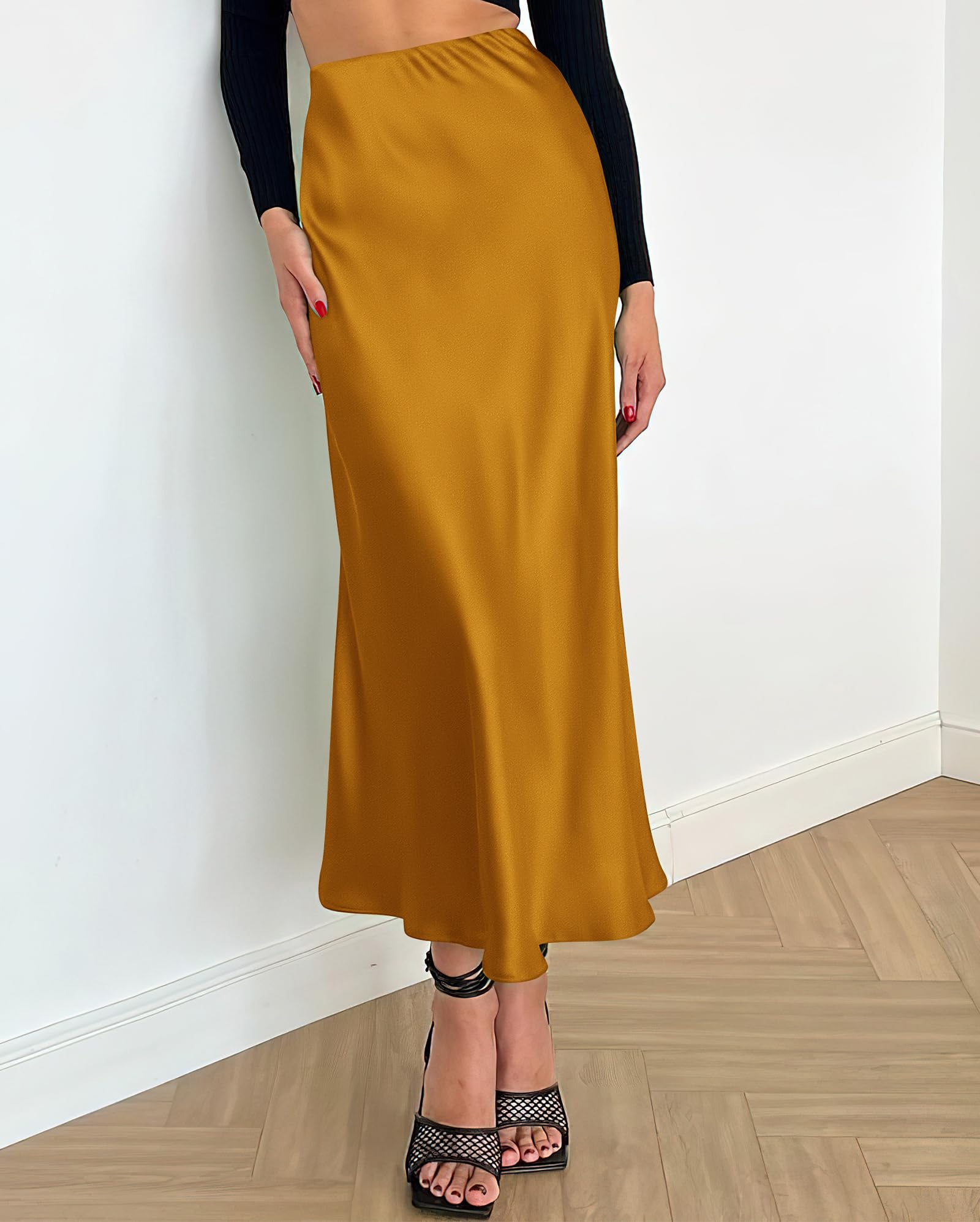 BTFBM Summer Womens Skirts Silk Elegant High Waist Flowy Long Satin A-Line Midi Skirt Cocktail Wedding Party