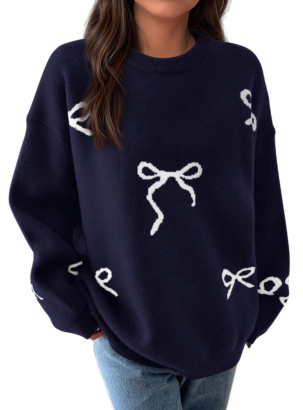 PRETTYGARDEN Fall Long Sleeve Pullover Sweaters for Women Trendy Crewneck Casual Cute Bow Chunky Knit Oversized Sweater