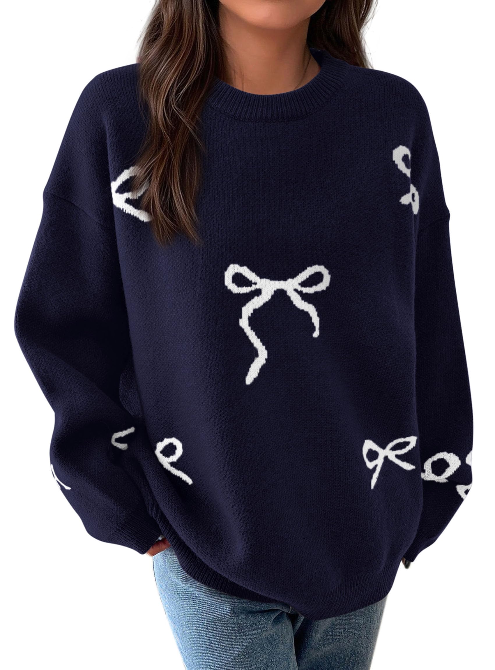 PRETTYGARDEN Fall Long Sleeve Pullover Sweaters for Women Trendy Crewneck Casual Cute Bow Chunky Knit Oversized Sweater