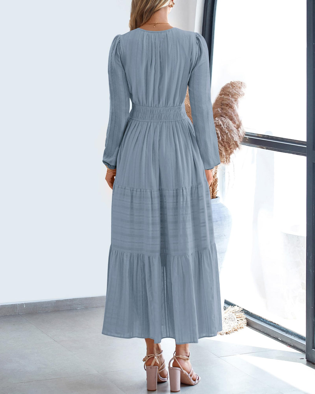 BTFBM Spring Dresses for Women 2026 Casual Long Sleeve V Neck Elastic Waist Lightweight Maxi Wedding Guest Dress Pockets