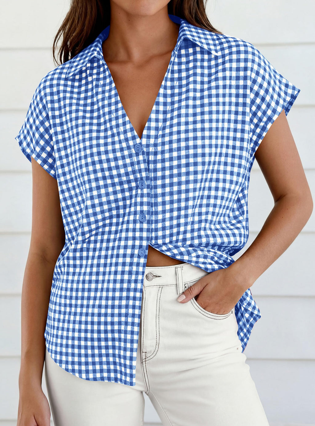 PRETTYGARDEN Womens Short Sleeve Shirts Plaid Button Down Blouse Dressy Casual Summer Spring Business Gingham Work Tops