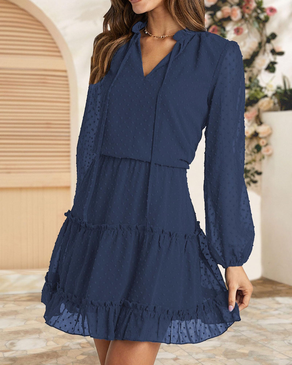 FreshPretty Long Sleeve Fall Dresses for Women Summer Casual Tie Neck Ruffle Tiered A Line Wedding Guest Short Mini Dress