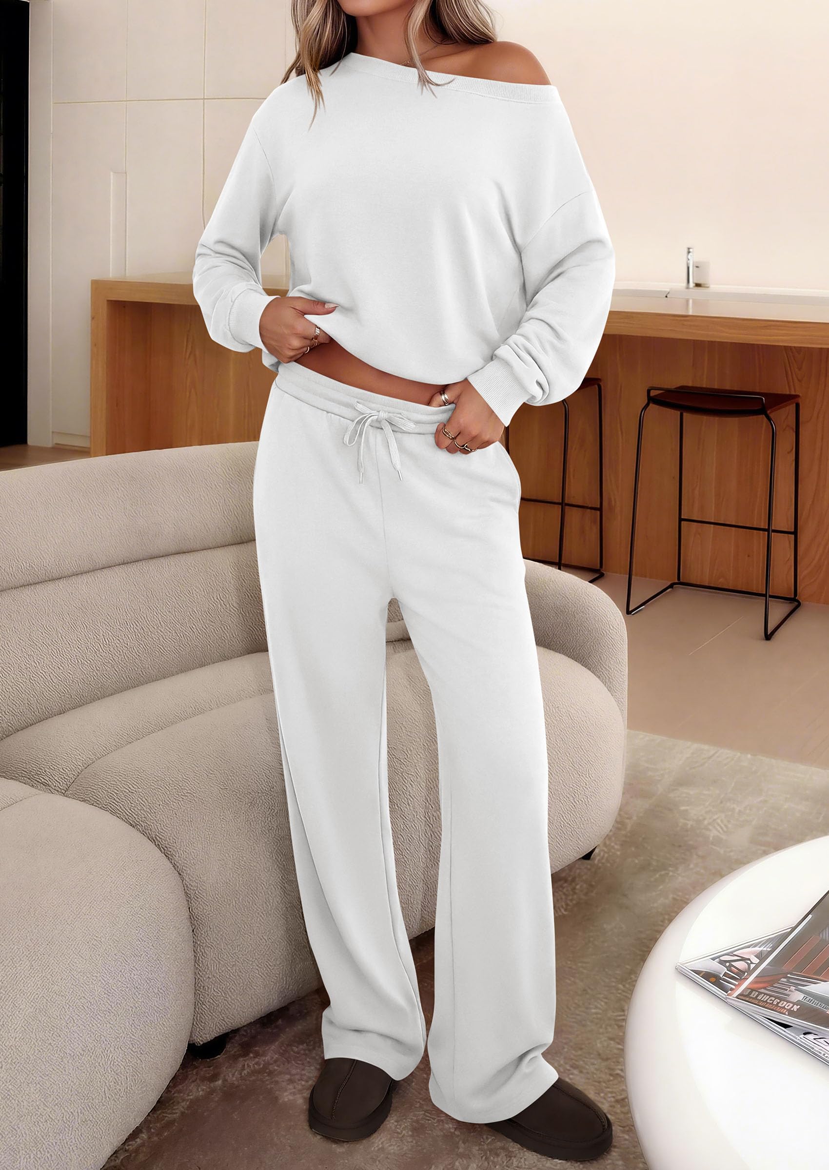 PRETTYGARDEN Womens 2 Piece Casual Matching Lounge Sets Fashion Off the Shoulder Sweatshirt, Wide Leg Pants with Pockets, Comfy Airport Travel Outfit,Trendy Fall Set