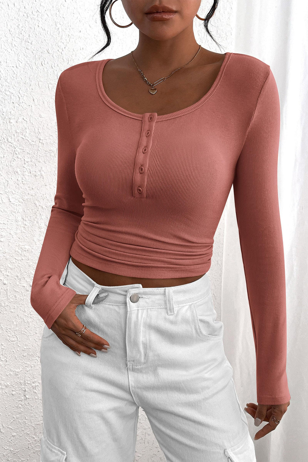 PRETTYGARDEN Women's Fall Long Sleeve Henley T Shirts Button Ribbed Knit Slim Fit Basic Tops Blouse Casual Outfits