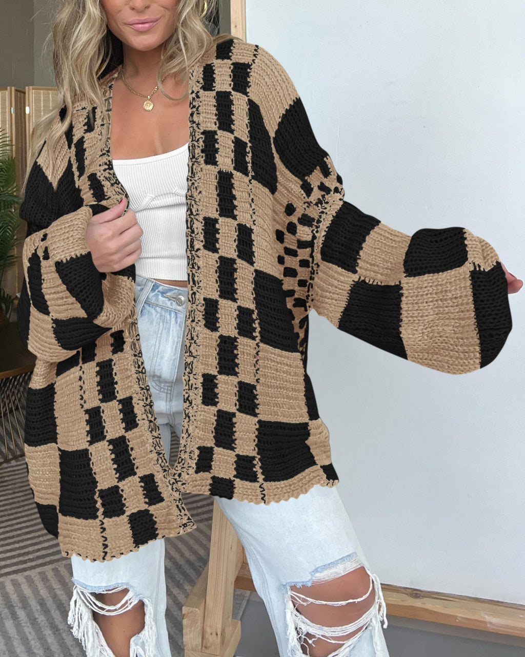 FreshPretty Casual Cardigan Sweater for Women Fall Long Sleeve Open Front Chunky Knit Sweaters Checkered Outwear Coat