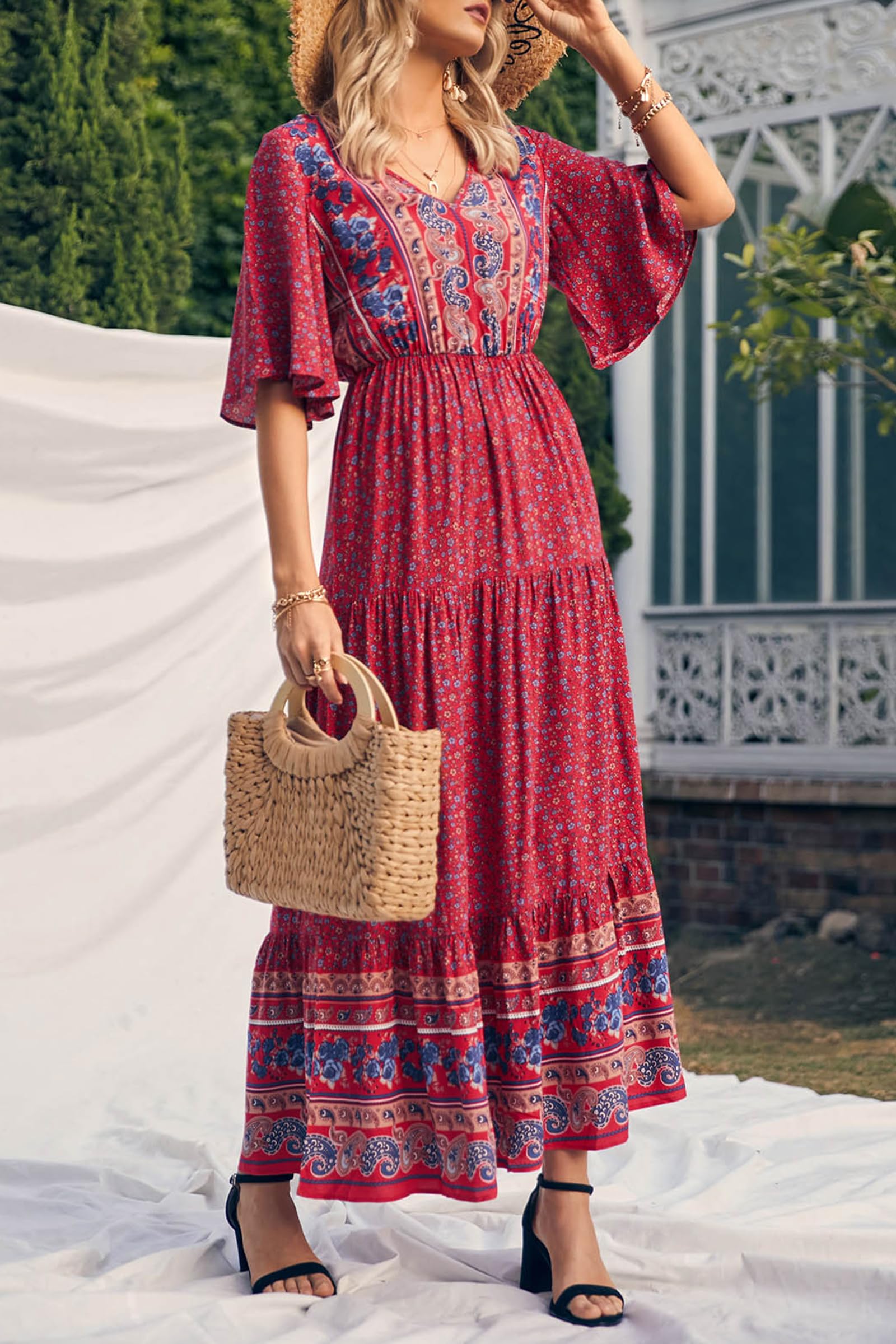 PRETTYGARDEN Women's Casual Summer Boho Floral Print Dress V Neck Short Sleeve High Waist Long Maxi Beach Dresses