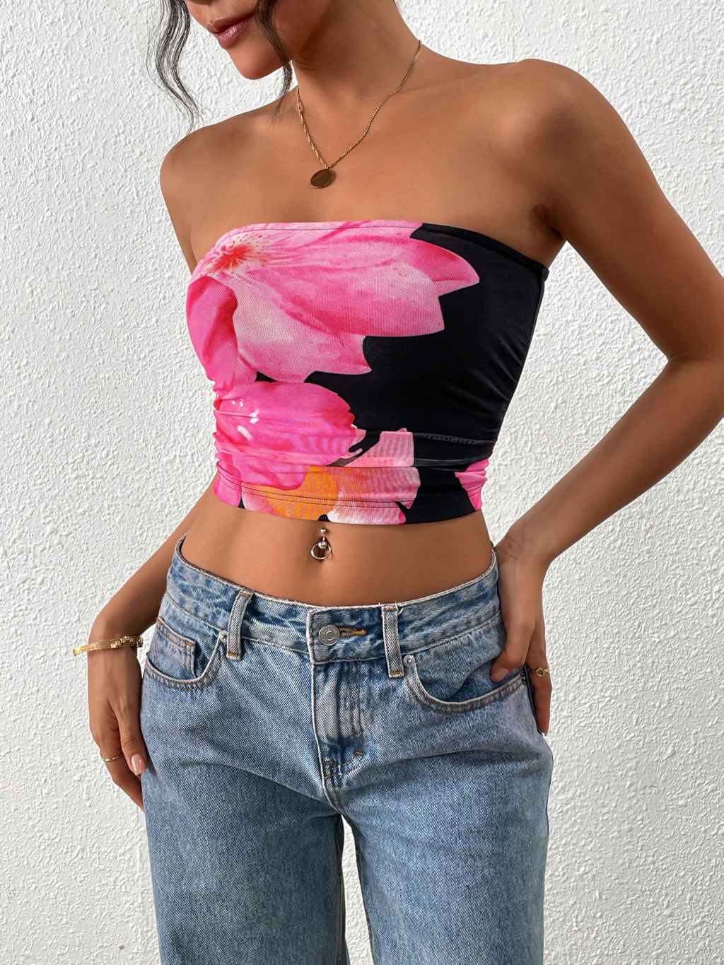 FreshPretty Womens Fashion Summer Floral Mesh Tube Top Ruched Going Out Bandeau Sleeveless Strapless Crop Tops Y2k Clothes