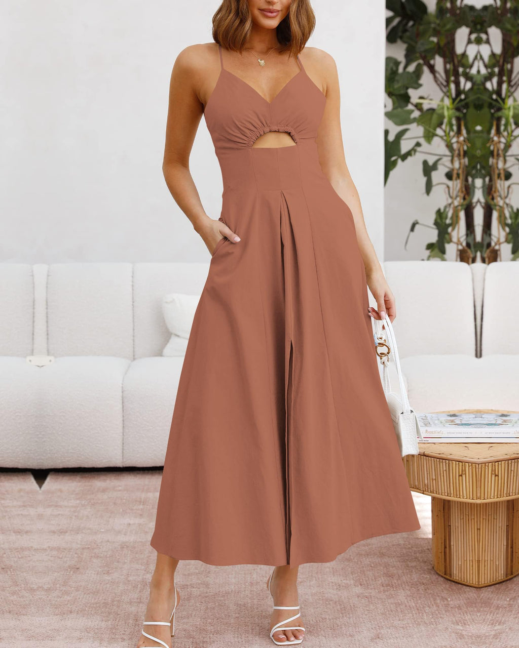 BTFBM Women Spaghetti Strap Midi Summer Dresses Sleeveless V Neck Cutout Slit Casual Beach Party Maxi Dress Pockets