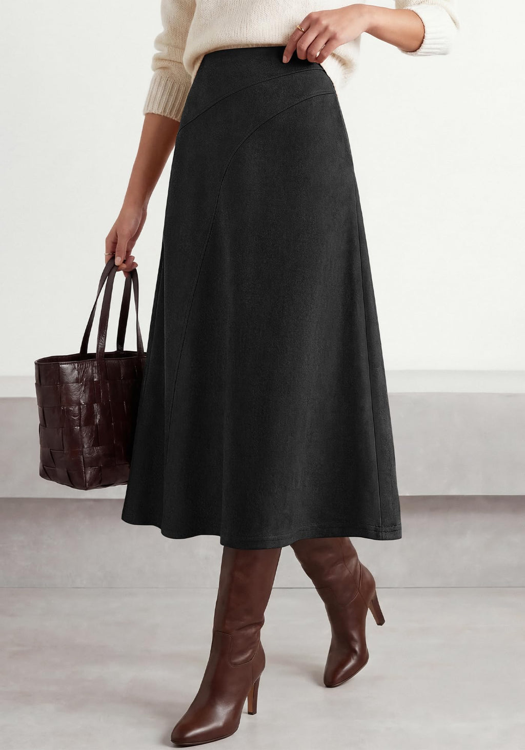 BTFBM Women Faux Suede Midi Long Skirt Fall Fashion | High Waisted Skirts For Women Trendy, Lightweight, Back Elastic, Arc Line Design, A-Line, Winter Dress, Boho Western Outfits
