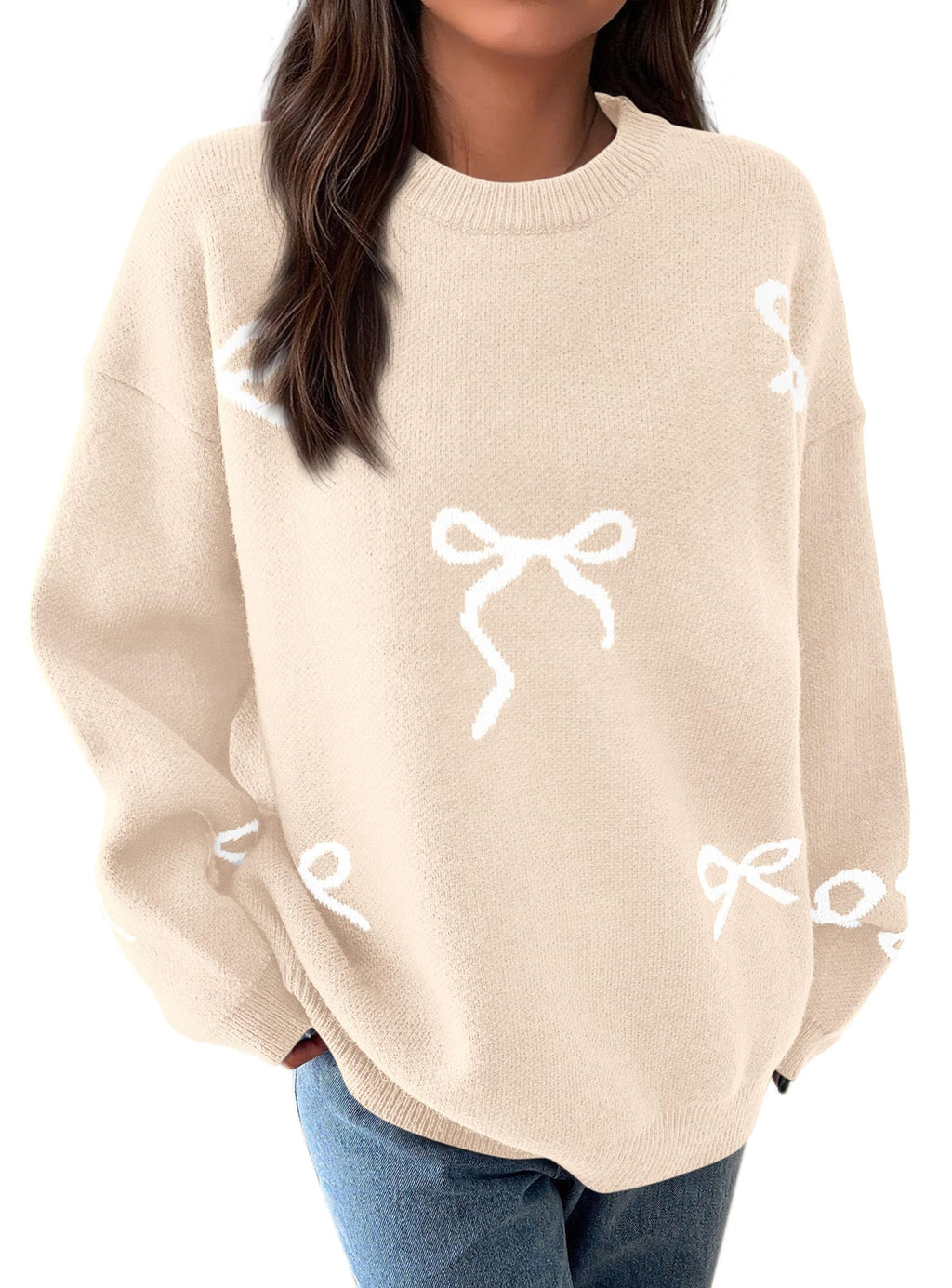 PRETTYGARDEN Fall Long Sleeve Pullover Sweaters for Women Trendy Crewneck Casual Cute Bow Chunky Knit Oversized Sweater