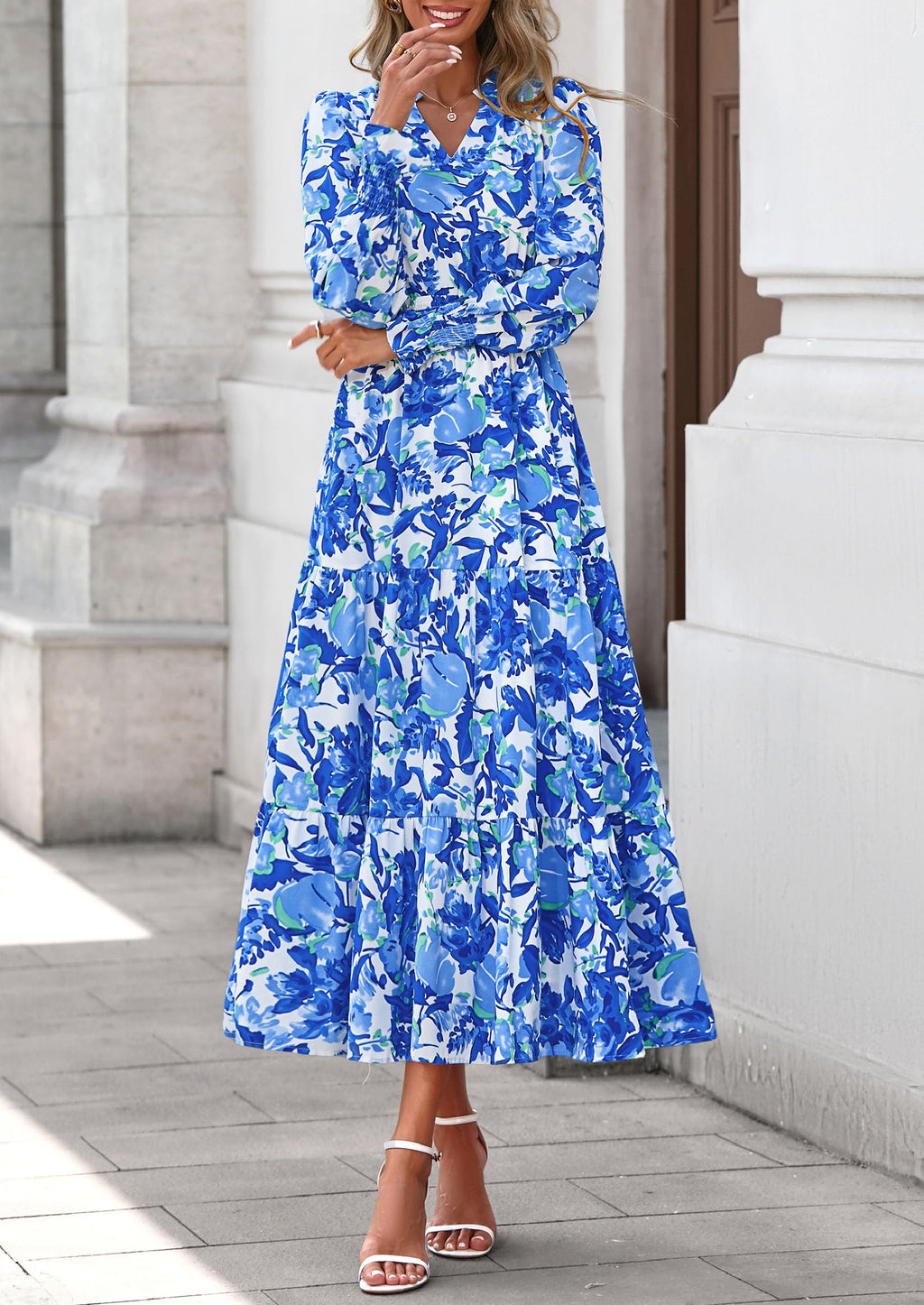 PRETTYGARDEN Women's Floral Maxi Dress Fall Long Sleeve V Neck Casual A Line Long Flowy Boho Party Dresses