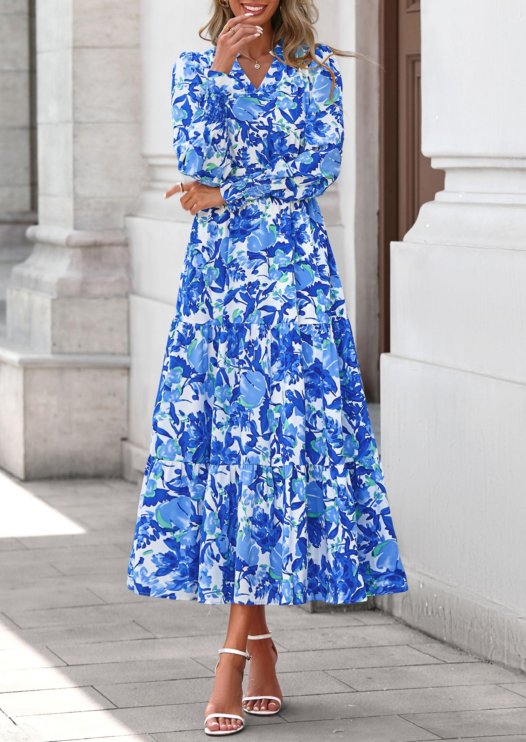 PRETTYGARDEN Women's Floral Maxi Dress Fall Long Sleeve V Neck Casual A Line Long Flowy Boho Party Dresses