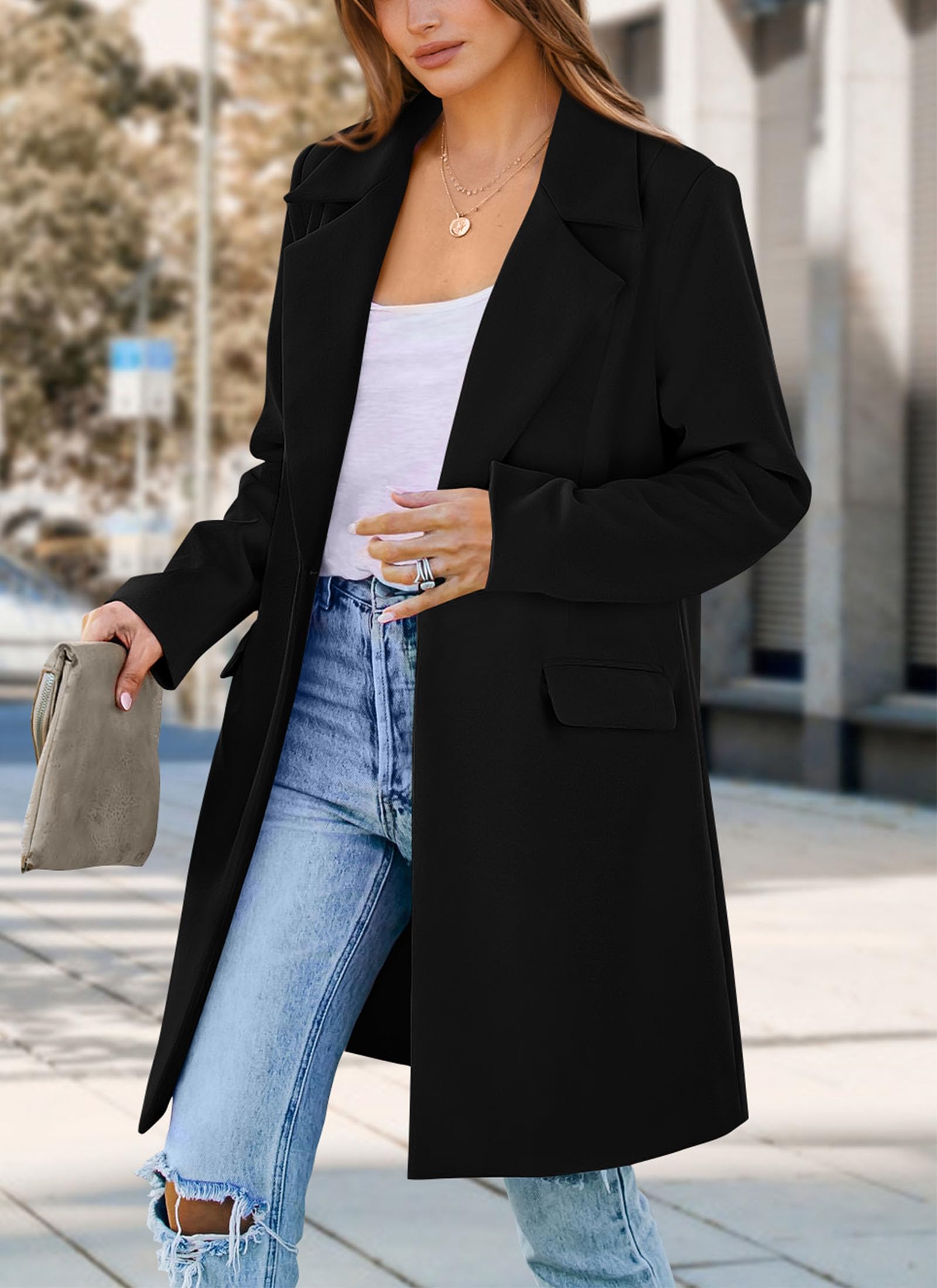 PRETTYGARDEN Women's Spring Fall Long Blazer Jackets Long Sleeve Lapel Pockets Loose Fit Work Casual Blazers Outerwear