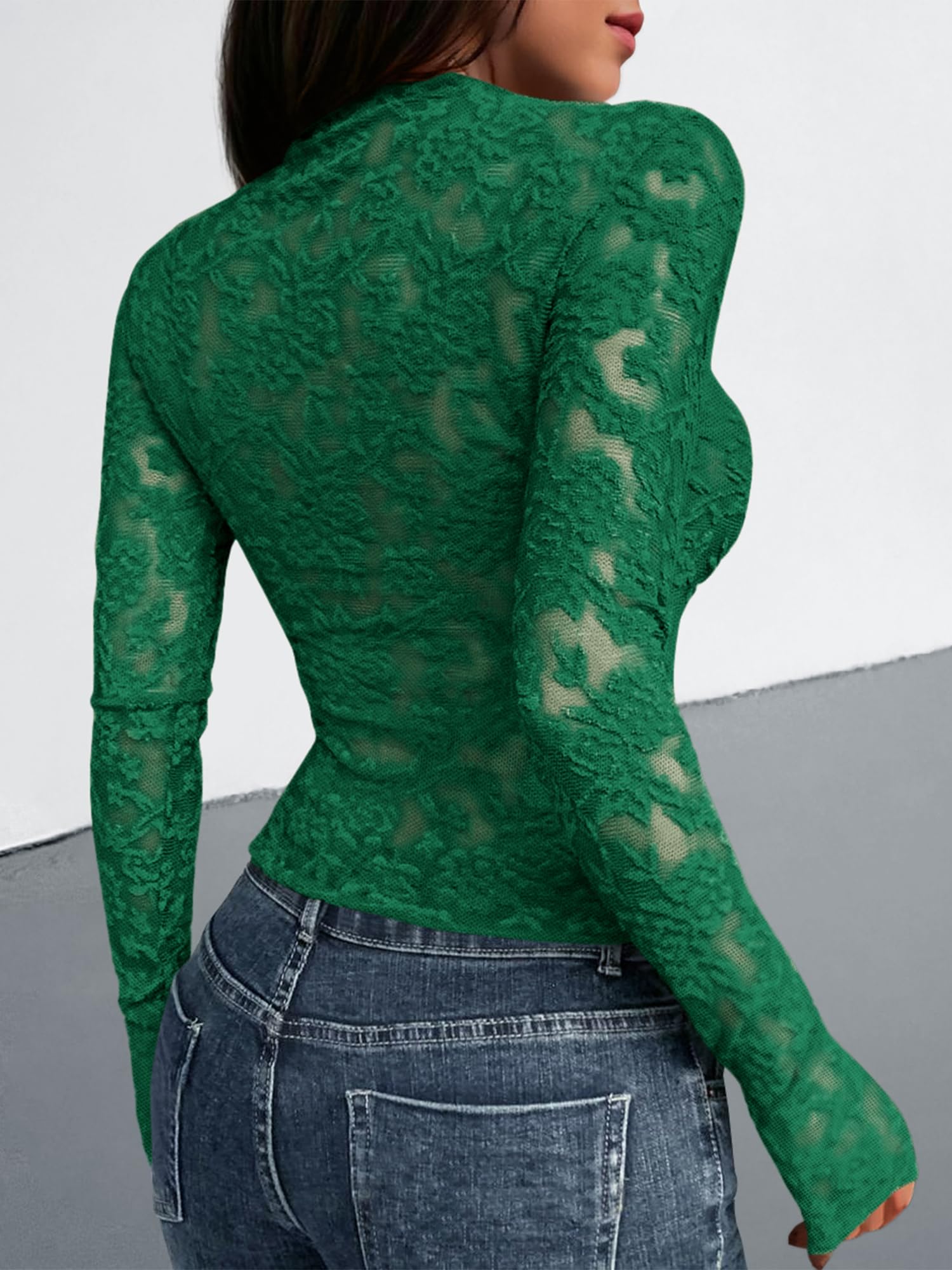 BTFBM Mesh Long Sleeve Tops for Women Lace Sheer Tight See Through Crew Neck Spring Fall Party Club Outfits