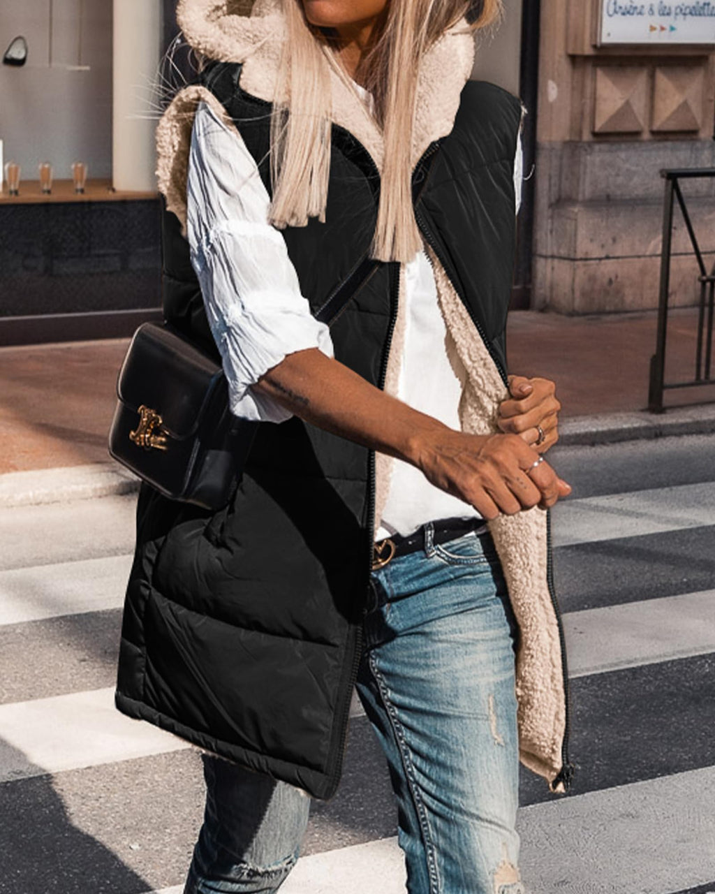 BTFBM Long Puffer Vest Women Fleece Sherpa Jacket Sleeveless Hooded Reversible Zip Up Winter Coat Fall Vests Outerwear