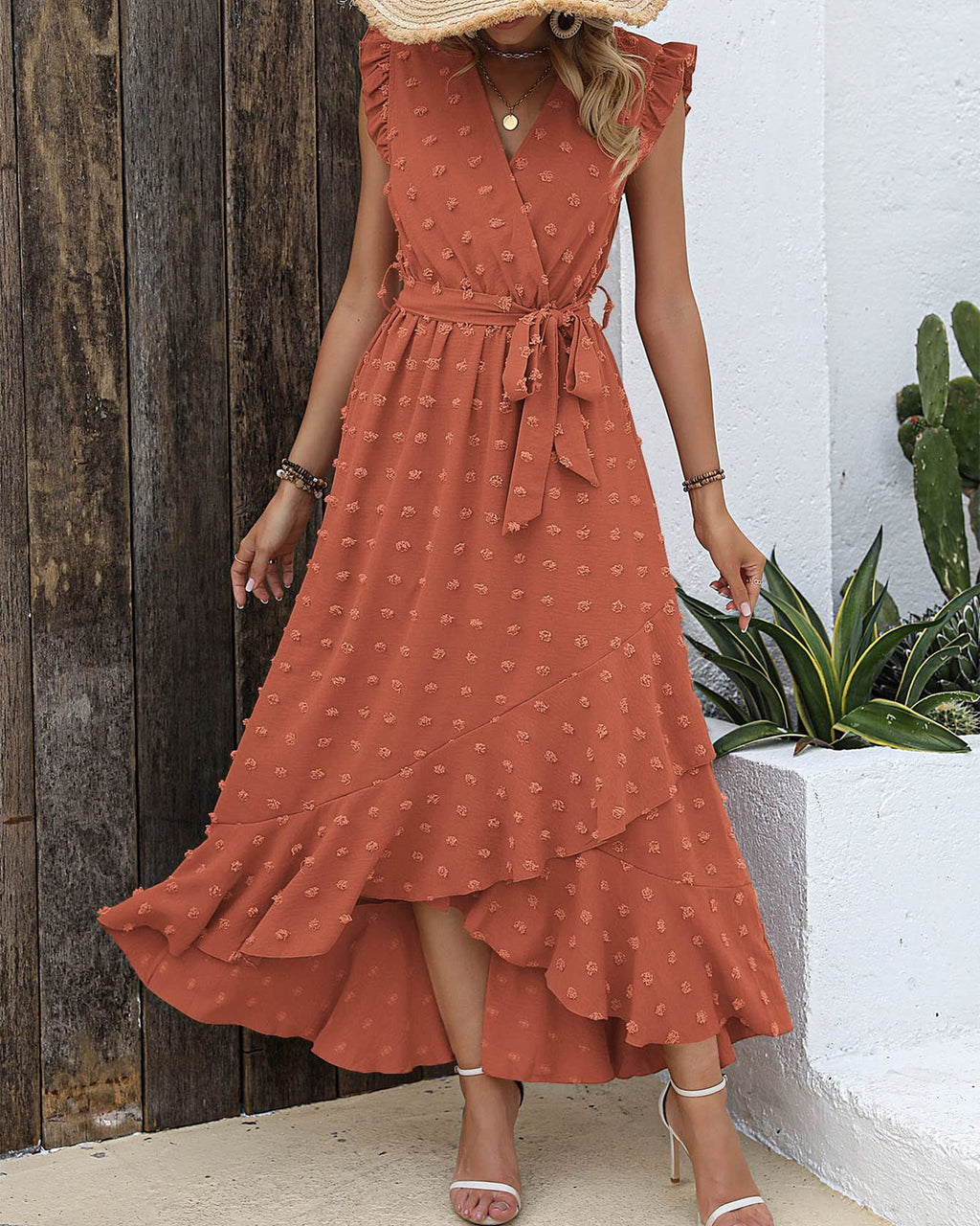 FreshPretty Women V Neck Summer Dress Cap Sleeve Swiss Dot Boho Flowy Ruffle Slit Beach Party Long Maxi Cocktail Dresses