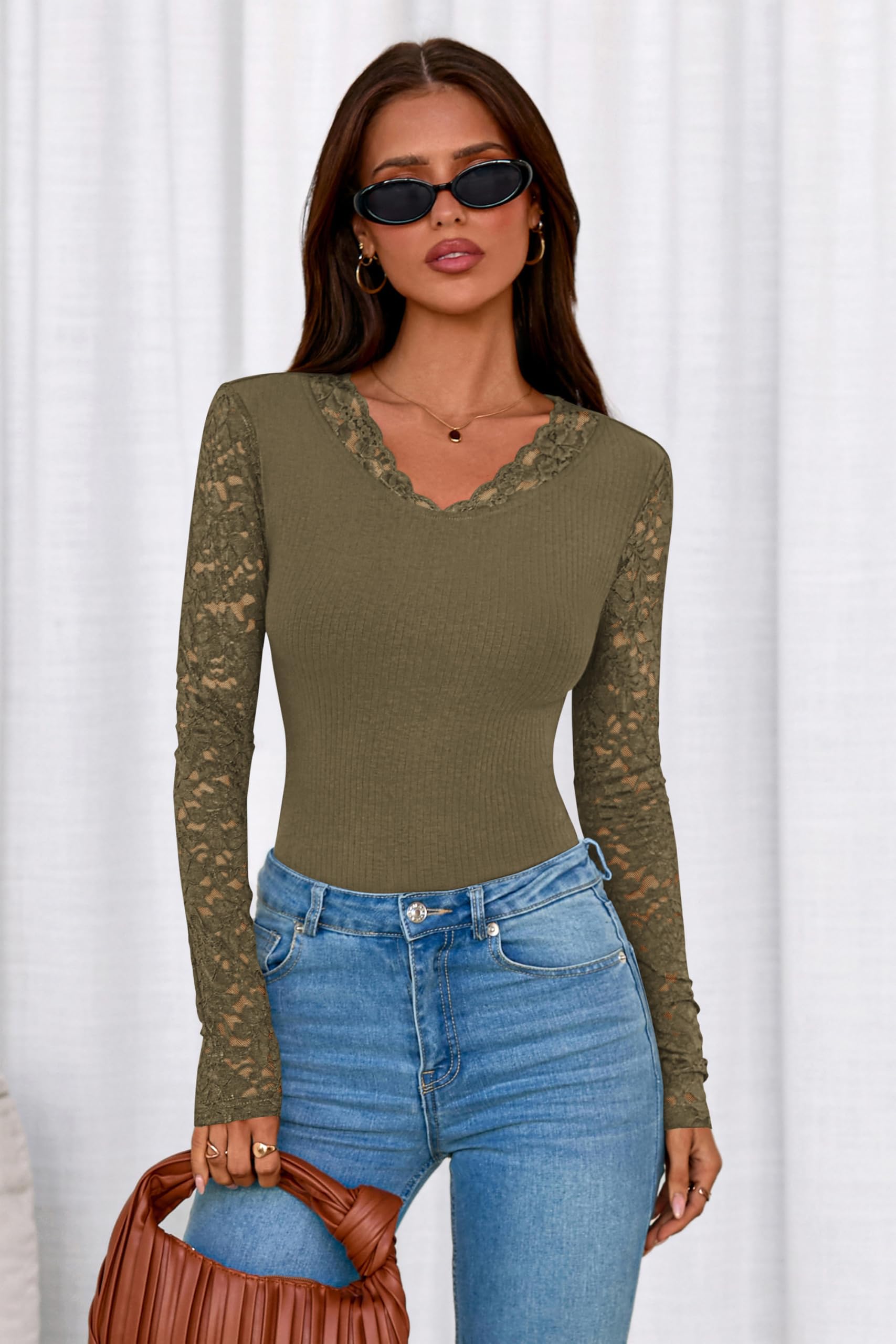 FreshPretty Fall Lace Long Sleeve Tops for Women Trendy Slim Fitted V Neck Knit Going Out Outfits Basic Sexy Tight T Shirts.