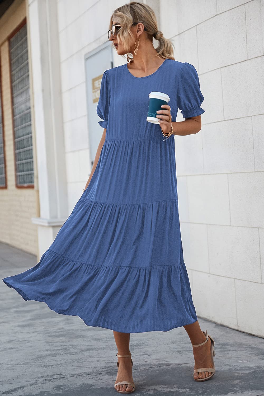 PRETTYGARDEN Summer Dresses for Women Casual Floral Boho Midi Sun Dress Puff Short Sleeve Flowy Beach Vacation Sundress
