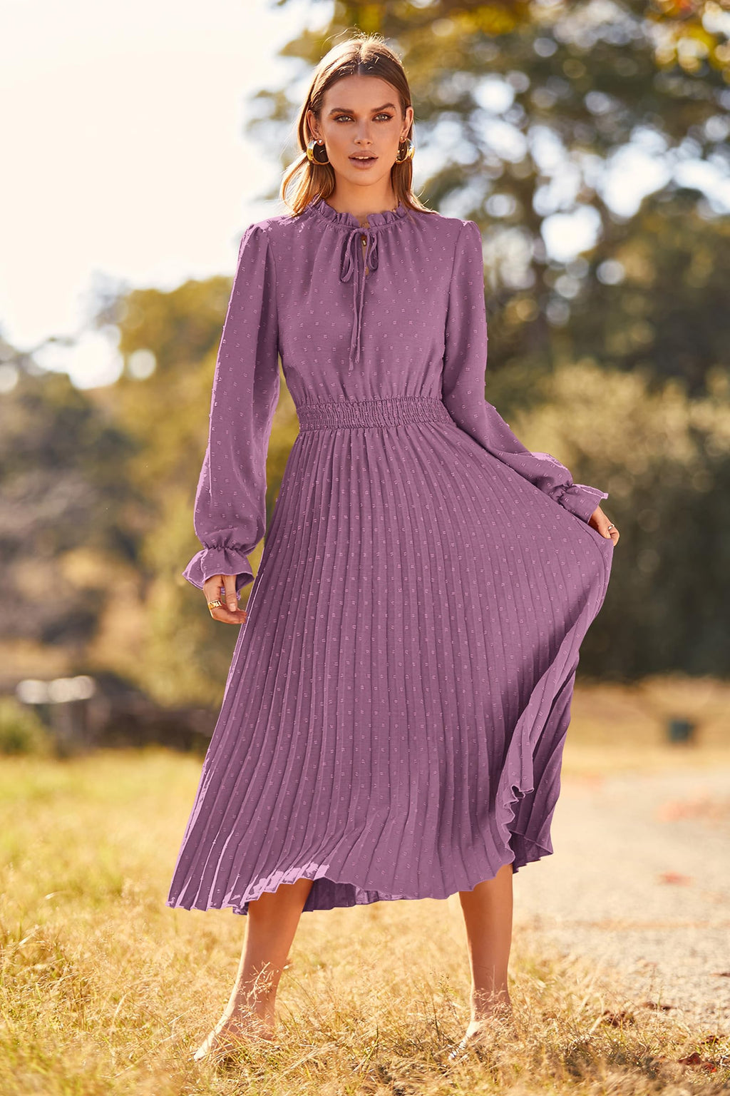 PRETTYGARDEN Women's Spring Fall Midi Dress Casual Long Sleeve V Neck Swiss Dot Pleated A Line Flowy Dresses